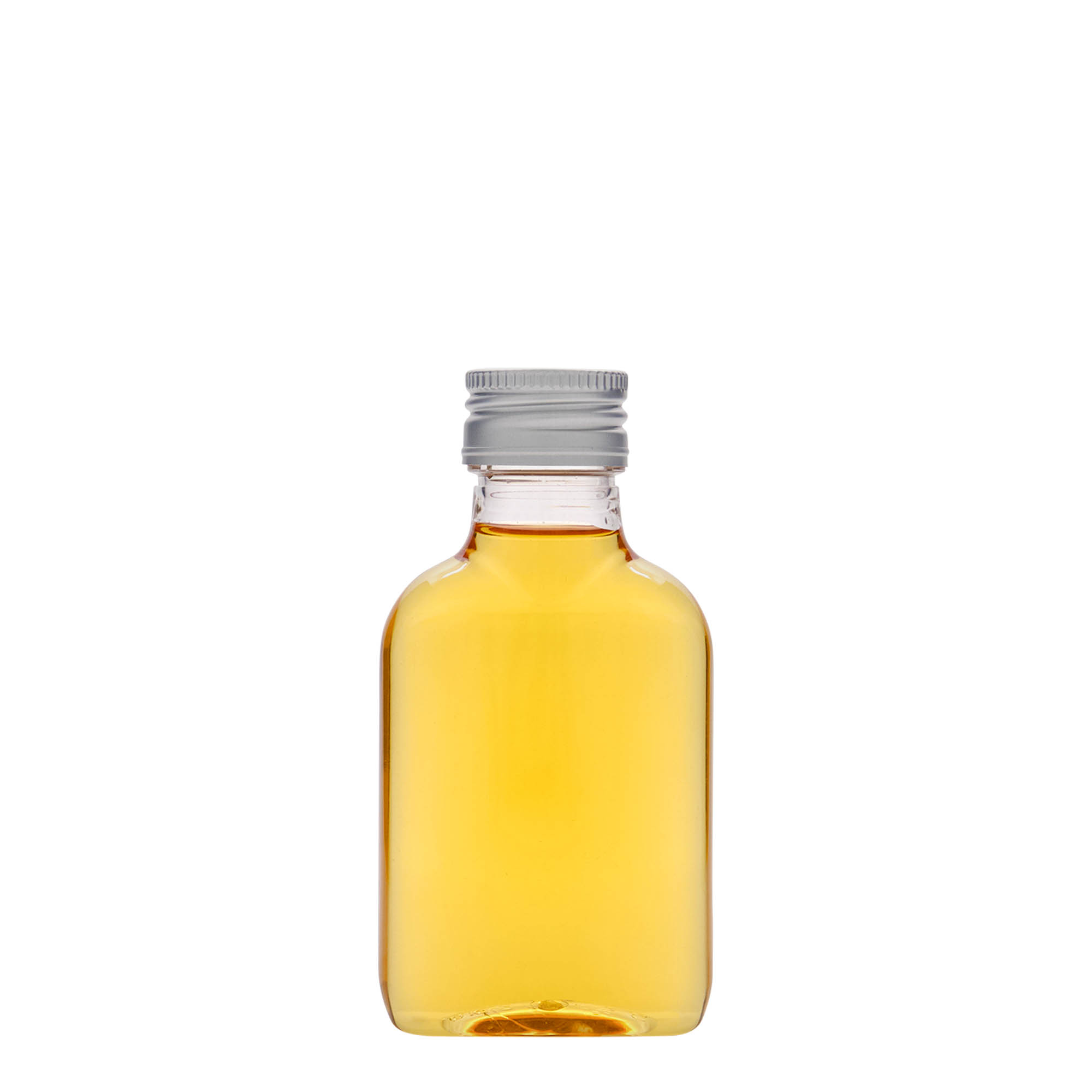 100 ml lommeflaske, oval, PET-plast, åpning: PP 28