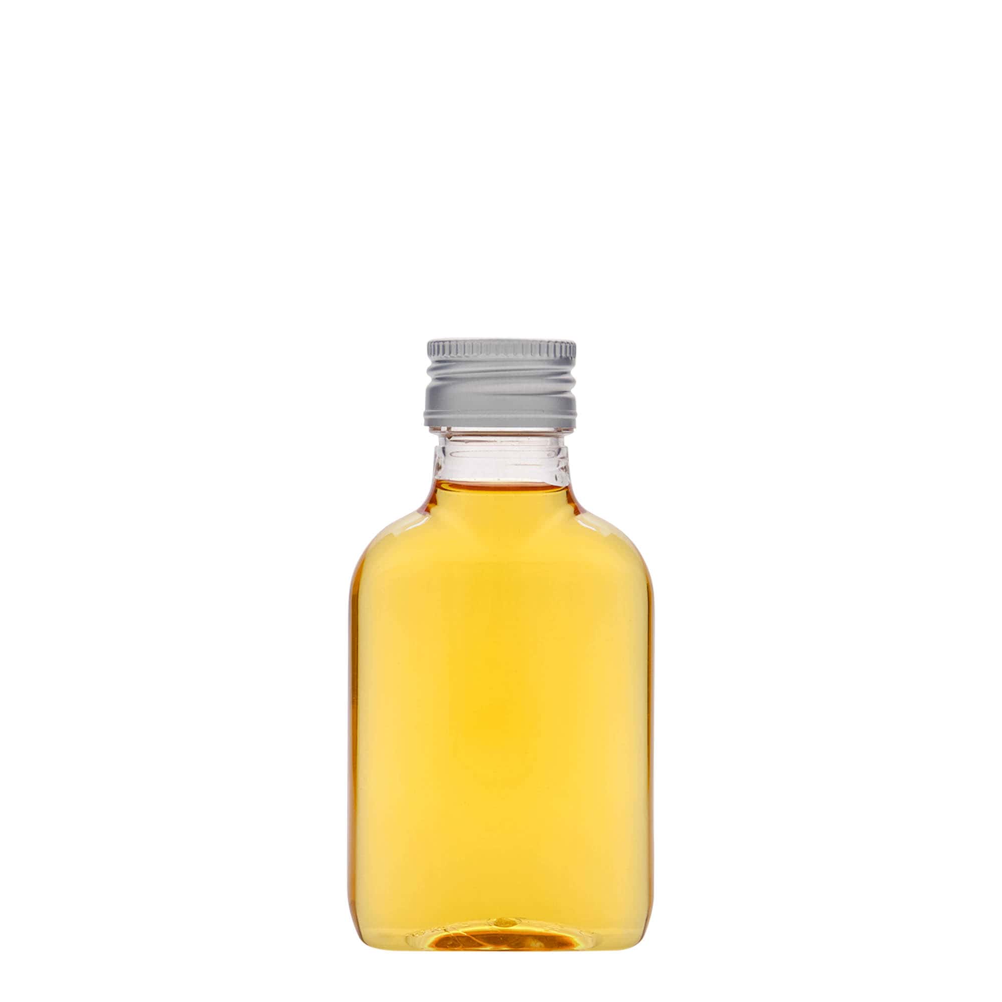 100 ml lommeflaske, oval, PET-plast, åpning: PP 28