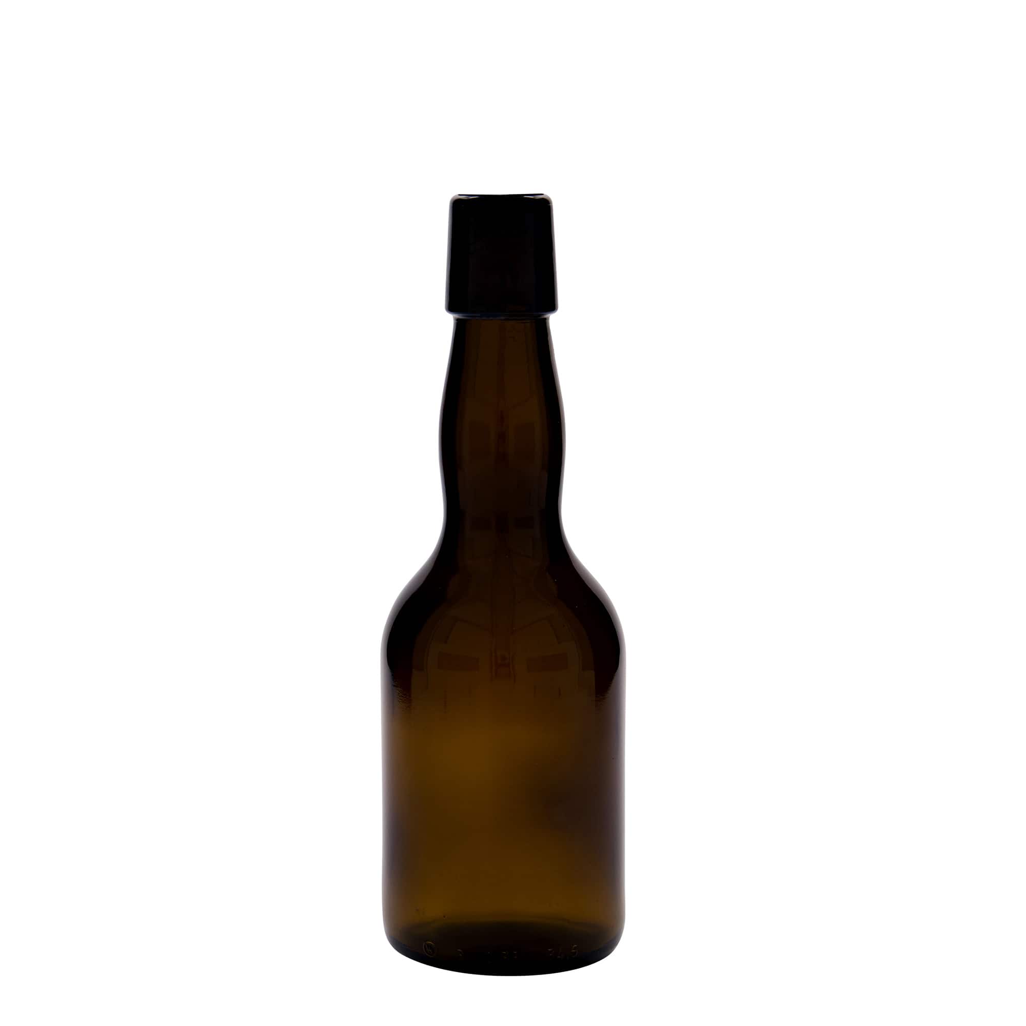 330 ml ølflaske med kragehals, glass, brun, åpning: patentlokk
