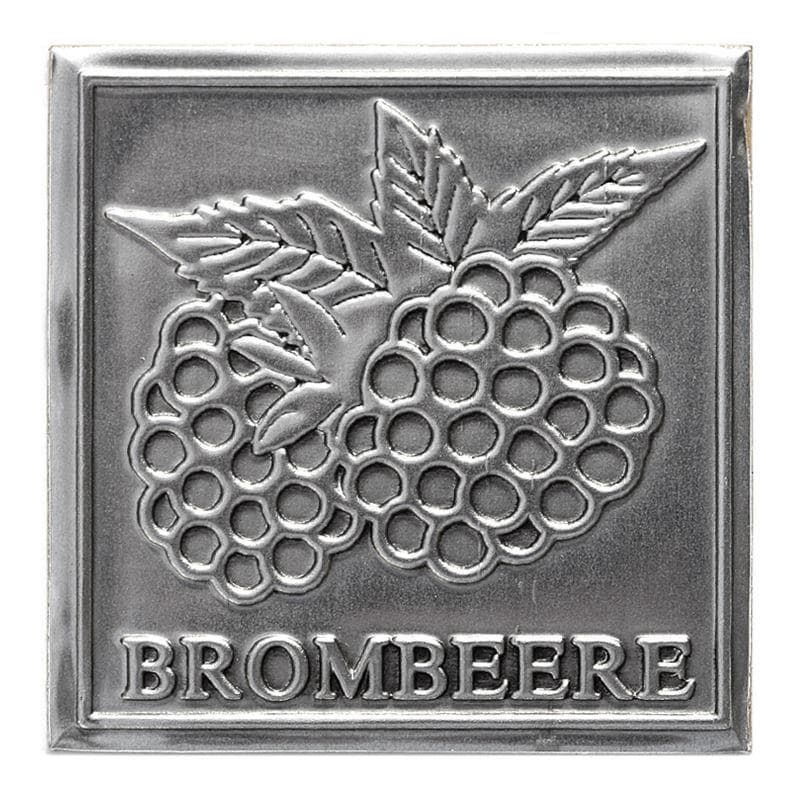 Tinnetikett "Bjørnebær", kvadratisk, metall, sølv