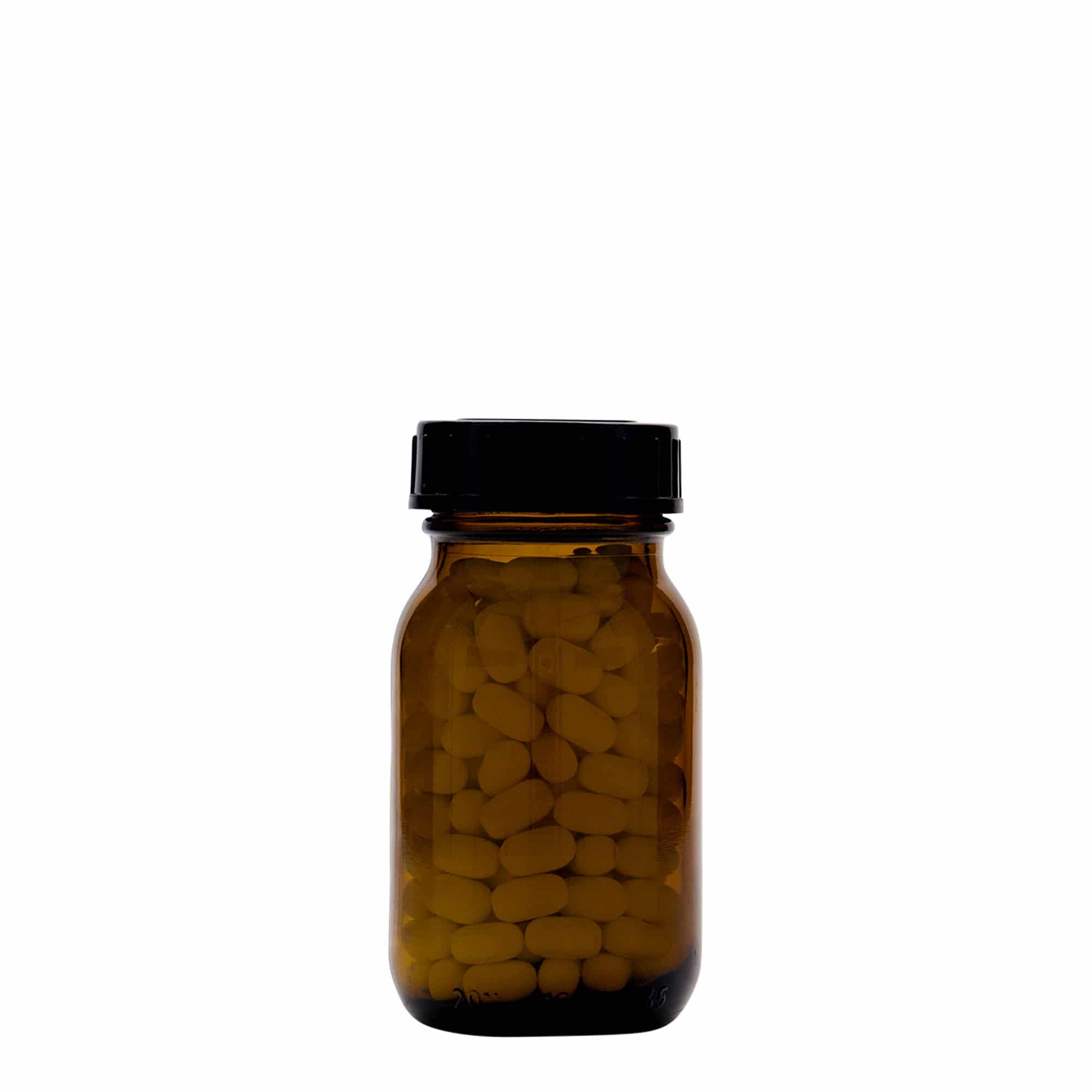 100 ml bredhalsglass, brun, åpning: DIN 40