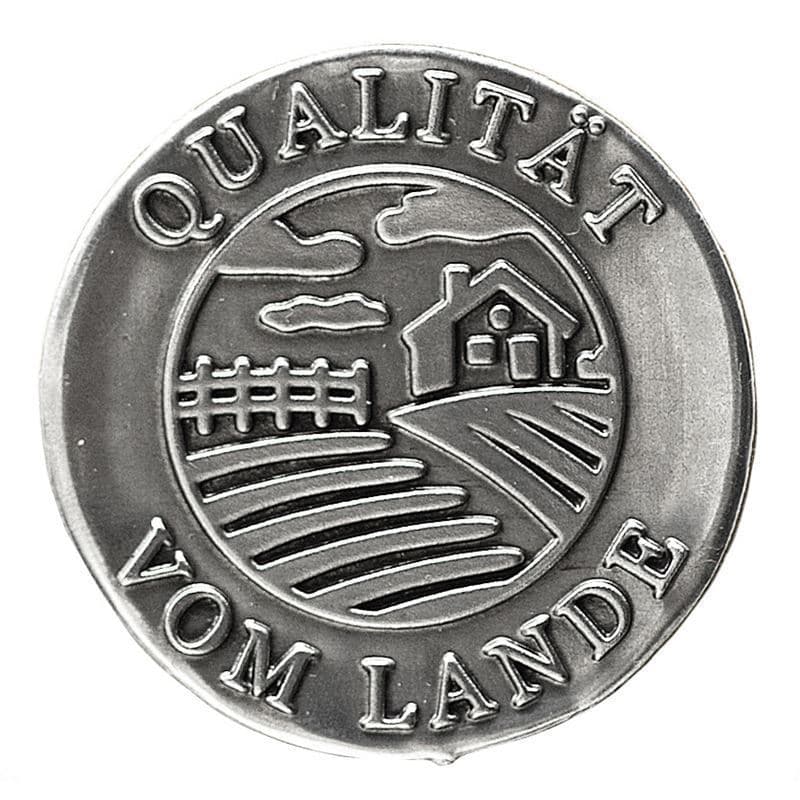 Tinnetikett "Kvalitet fra landet", rund, metall, sølv