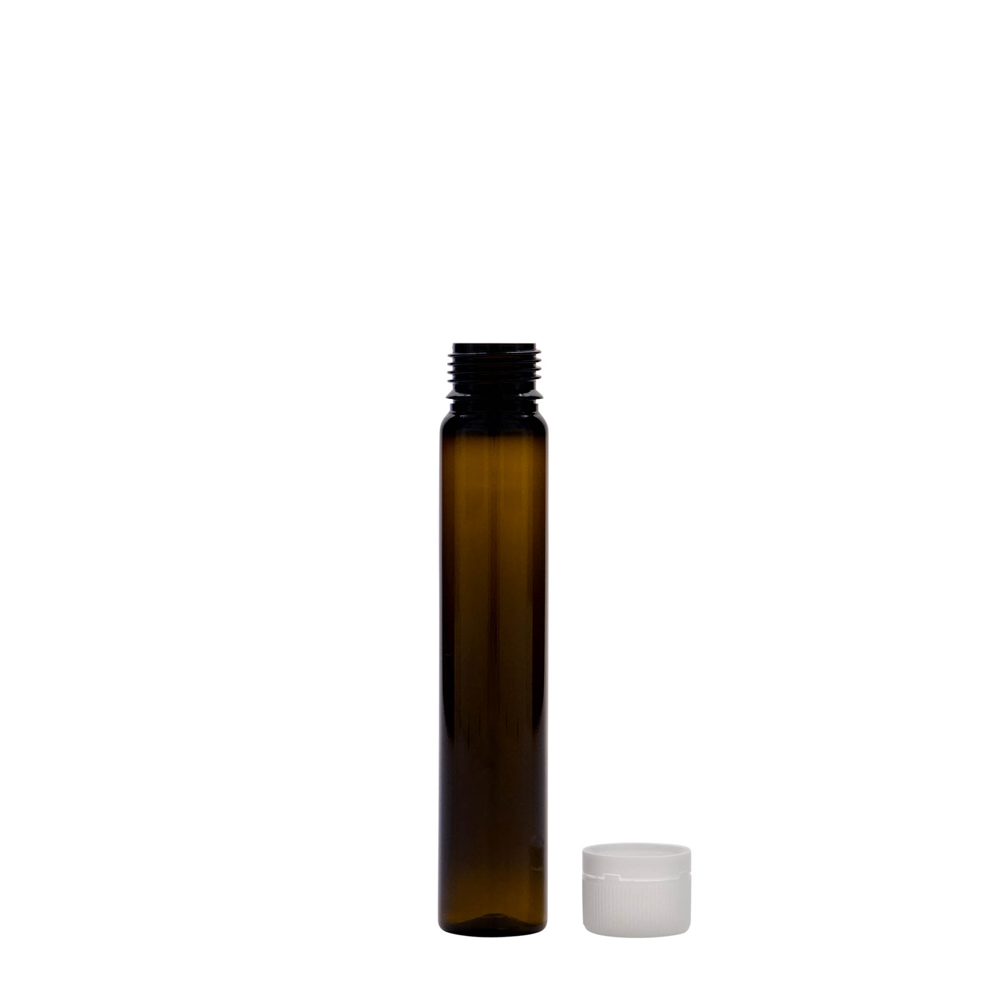 25 ml PET-rør, plast, brun, åpning: skrukork