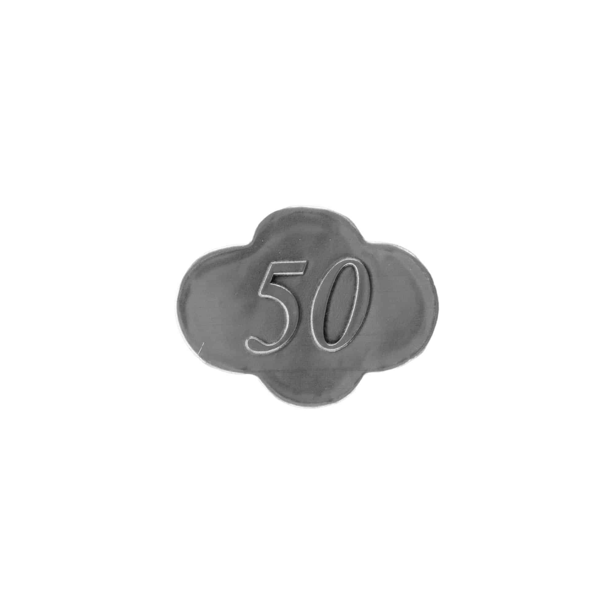 Tinnetikett "50", metall, sølv Tinnetikett "50", metall, sølv