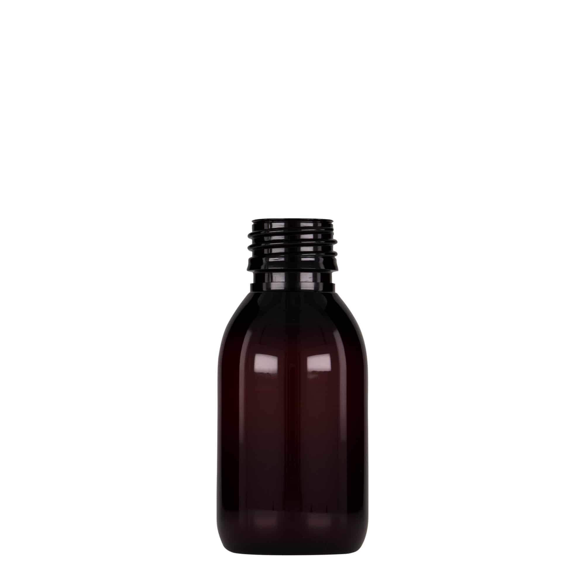 100 ml PET-medisinflaske, brun, plast, munnstykke: PP 28