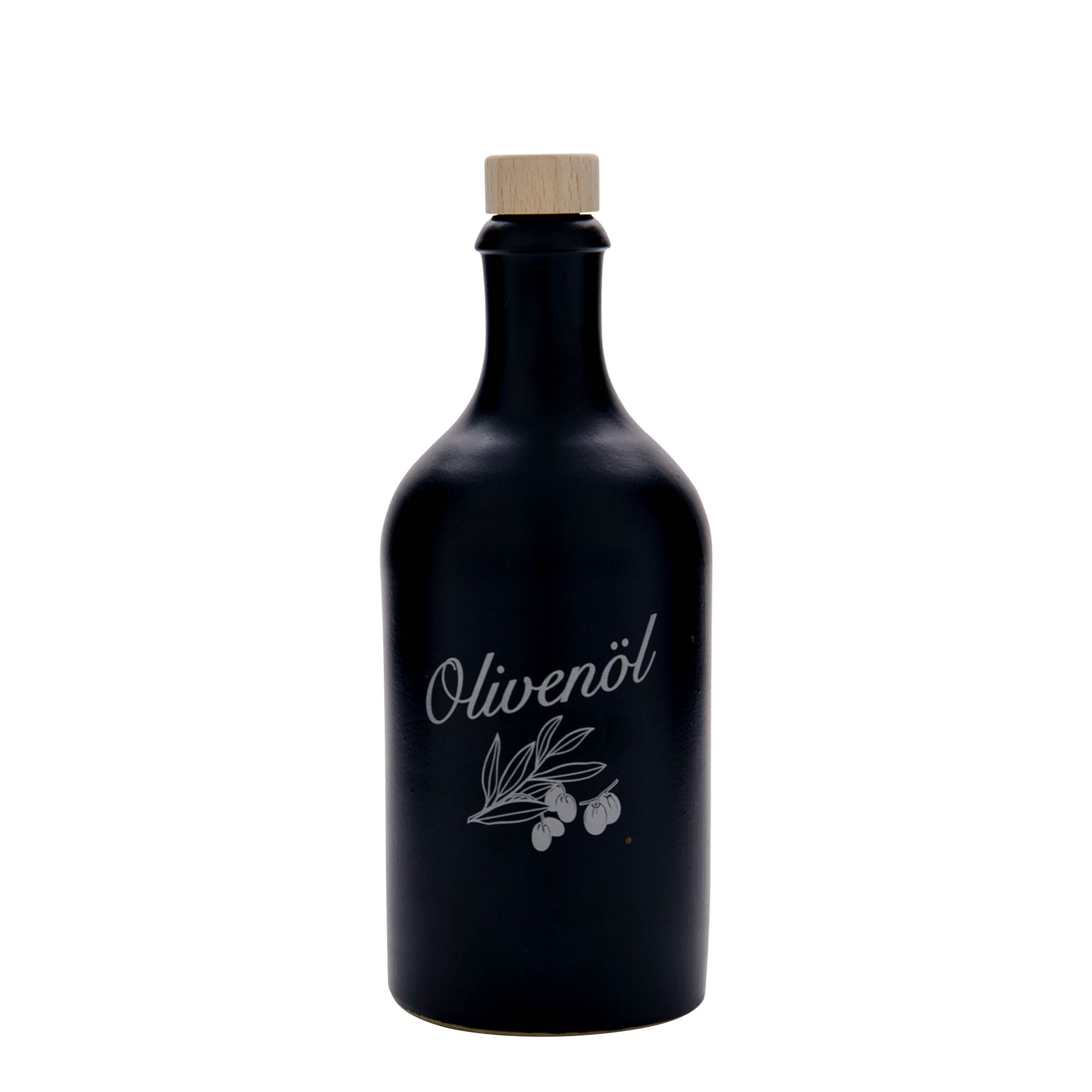 500 ml leirkrus, motiv: olivenolje, steintøy, svart, åpning: Kork