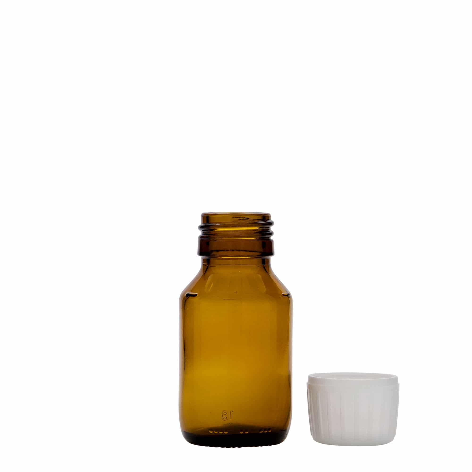 50 ml medisinsk flaske, brun, glass, åpning: PP 28 50 ml medisinsk flaske, brun, glass, åpning: PP 28