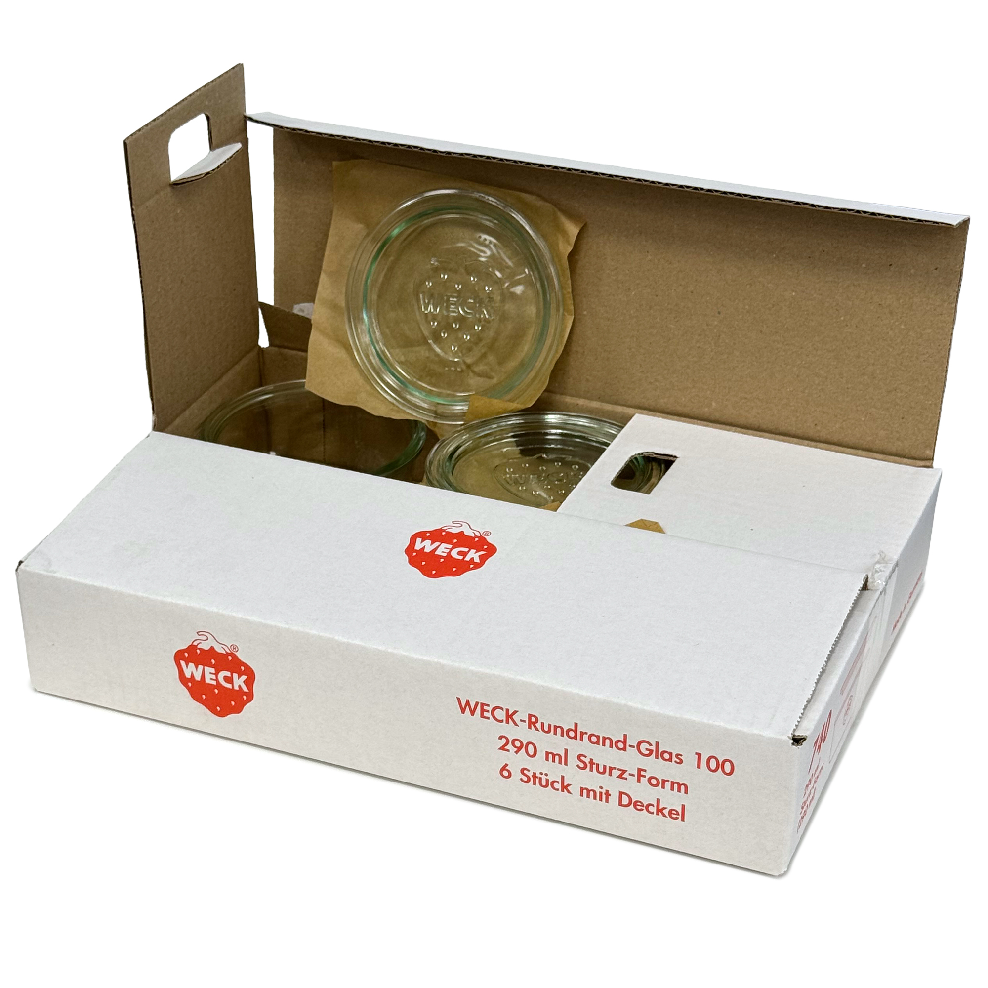 6x 290 ml lavt WECK-sylteglass av terrintype med glasslokk RR 100
