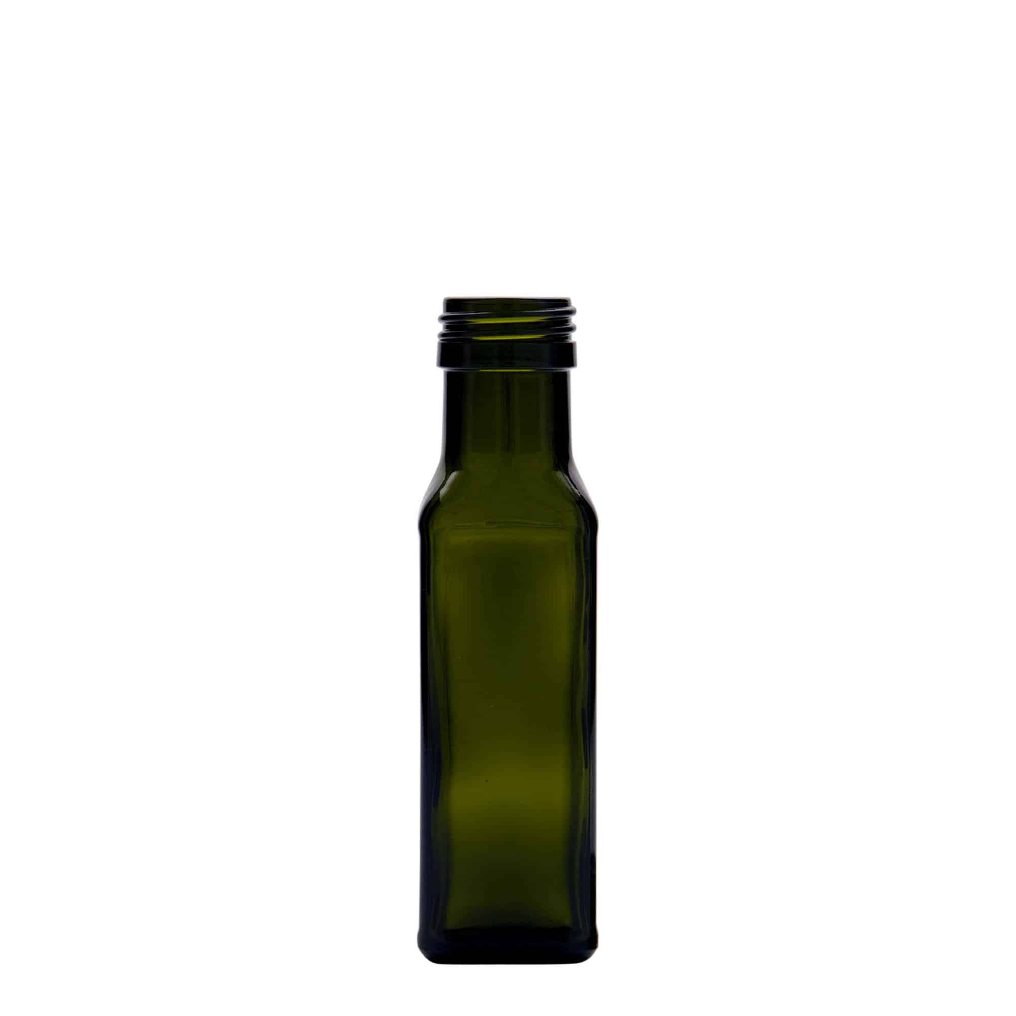 100 ml glassflaske "Marasca", kvadratisk, antikkgrønn, åpning: PP 31,5 100 ml glassflaske "Marasca", kvadratisk, antikkgrønn, åpning: PP 31,5