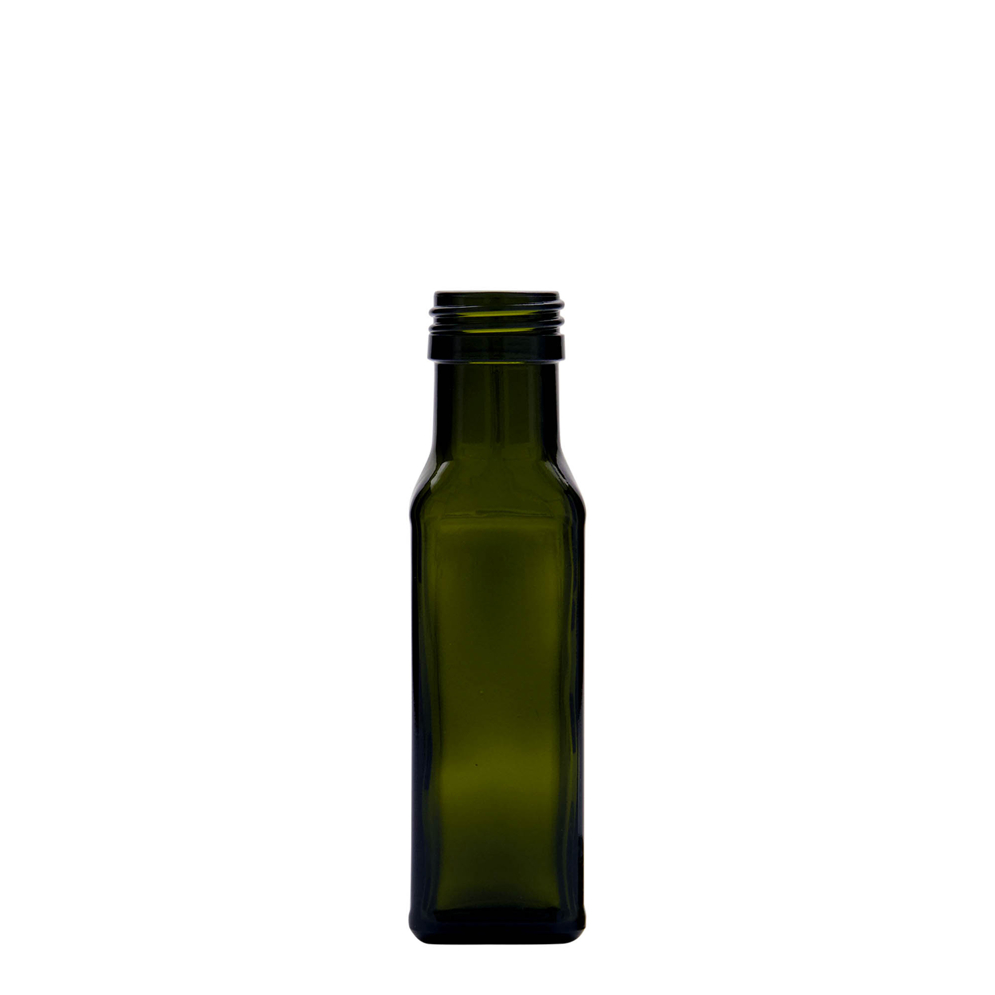 100 ml glassflaske 'Marasca', firkantet, antikkgrønn, åpning: PP 31,5 100 ml glassflaske 'Marasca', firkantet, antikkgrønn, åpning: PP 31,5