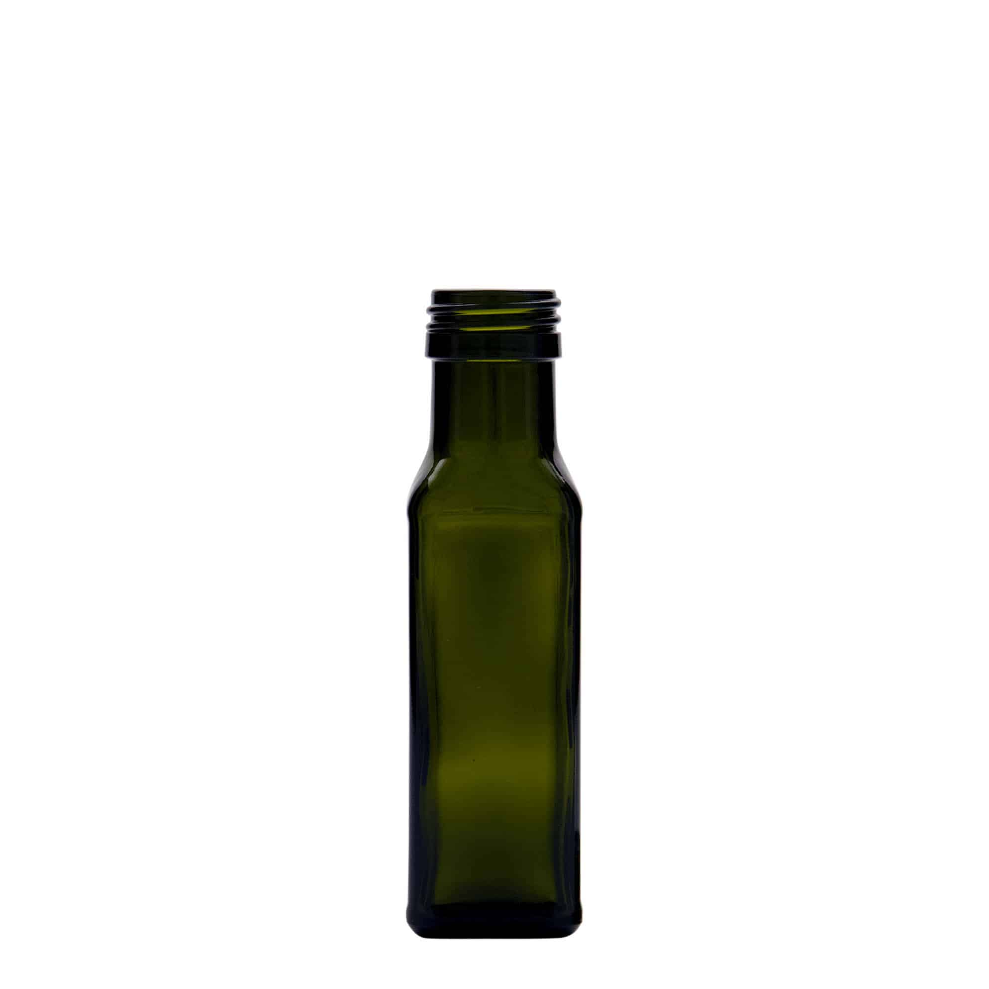 100 ml glassflaske 'Marasca', firkantet, antikkgrønn, åpning: PP 31,5