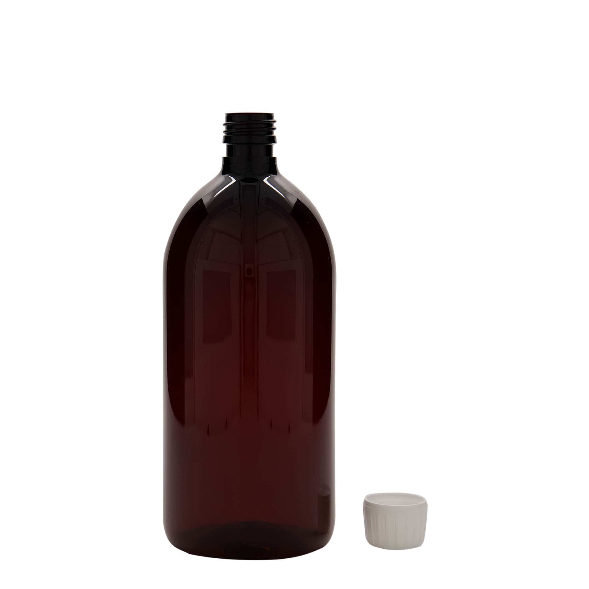 1000 ml PET-medisinflaske, brun, plast, åpning: PP 28