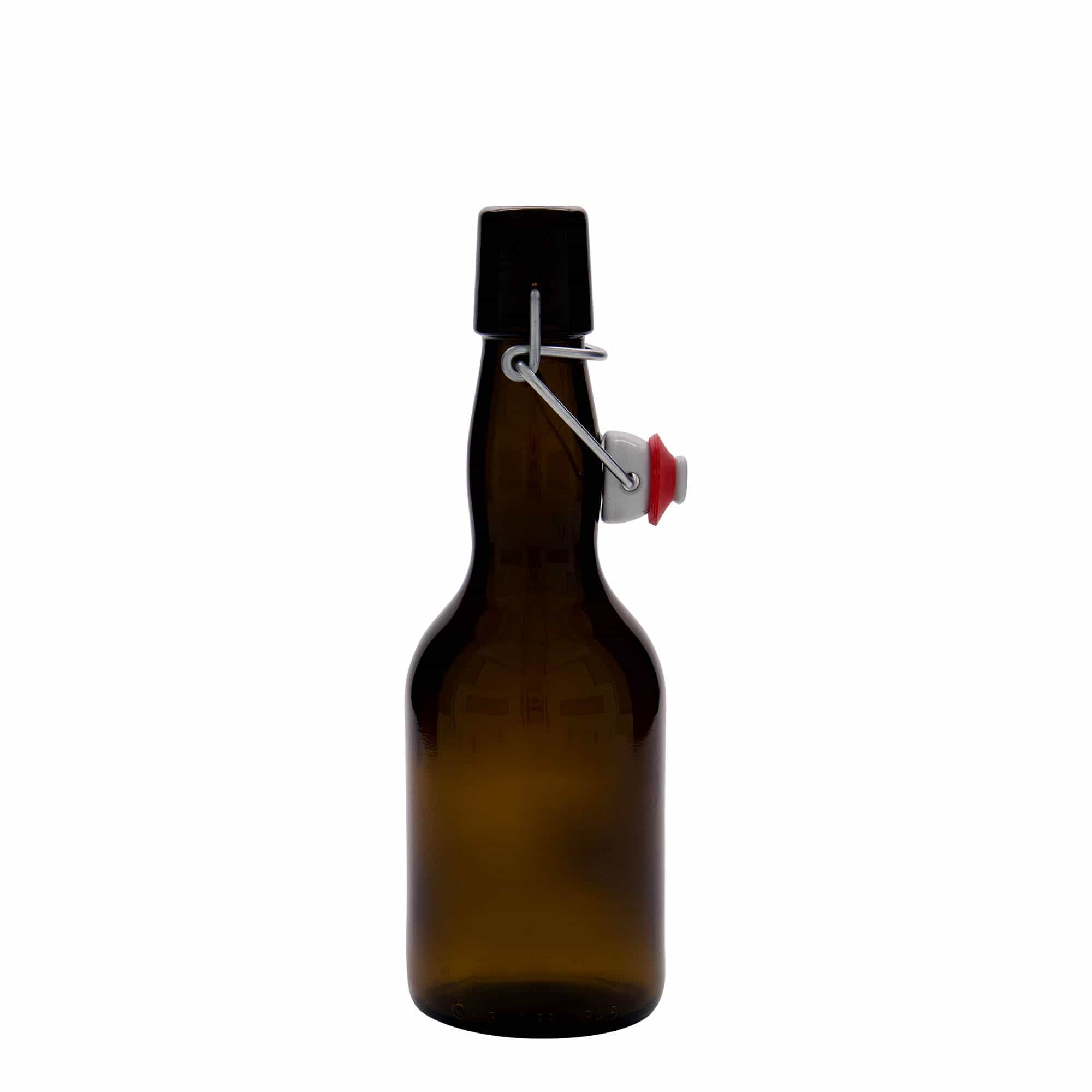 330 ml ølflaske med kragehals, glass, brun, åpning: patentlokk
