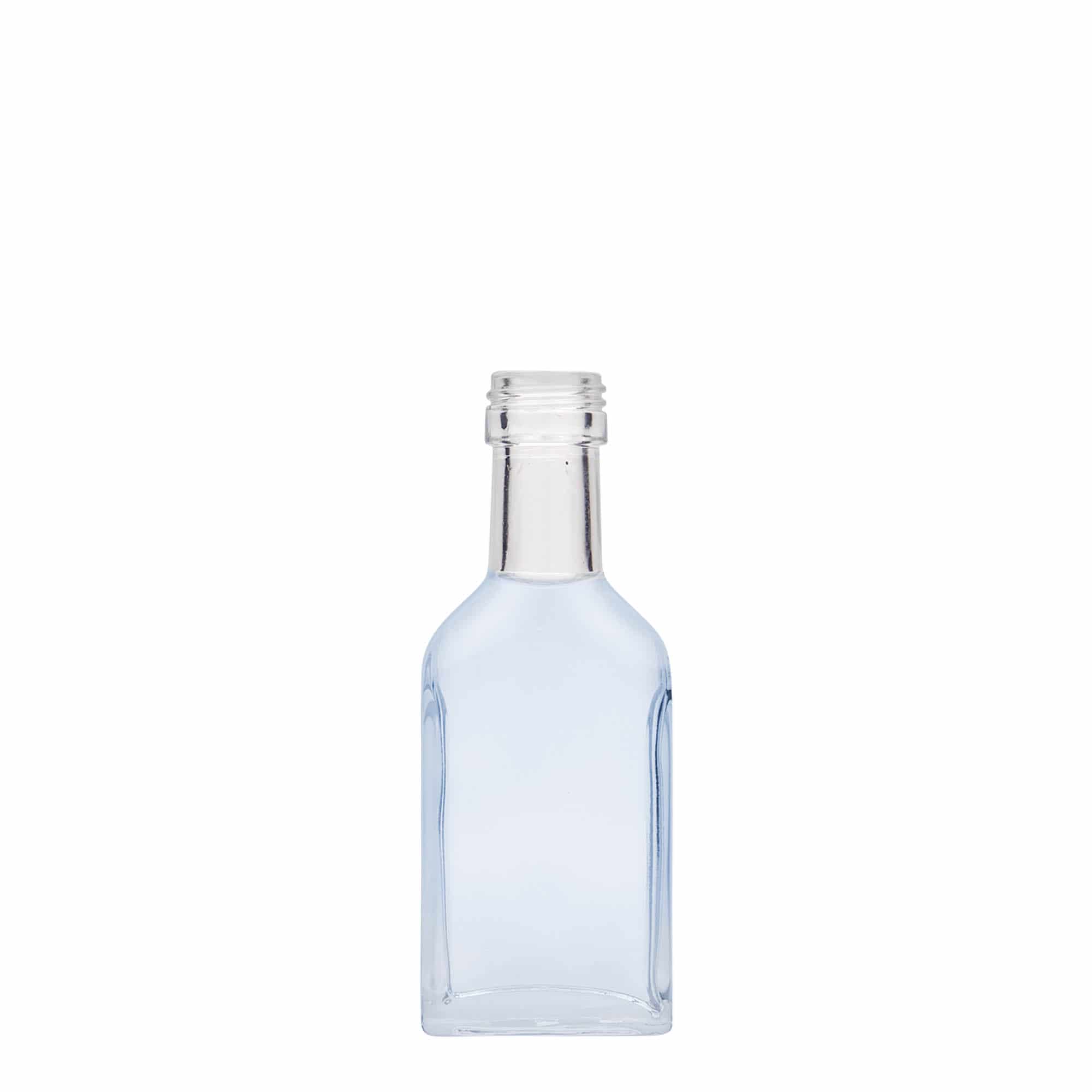 40 ml lommeflaske lang hals, firkantet, glass, åpning: PP 22
