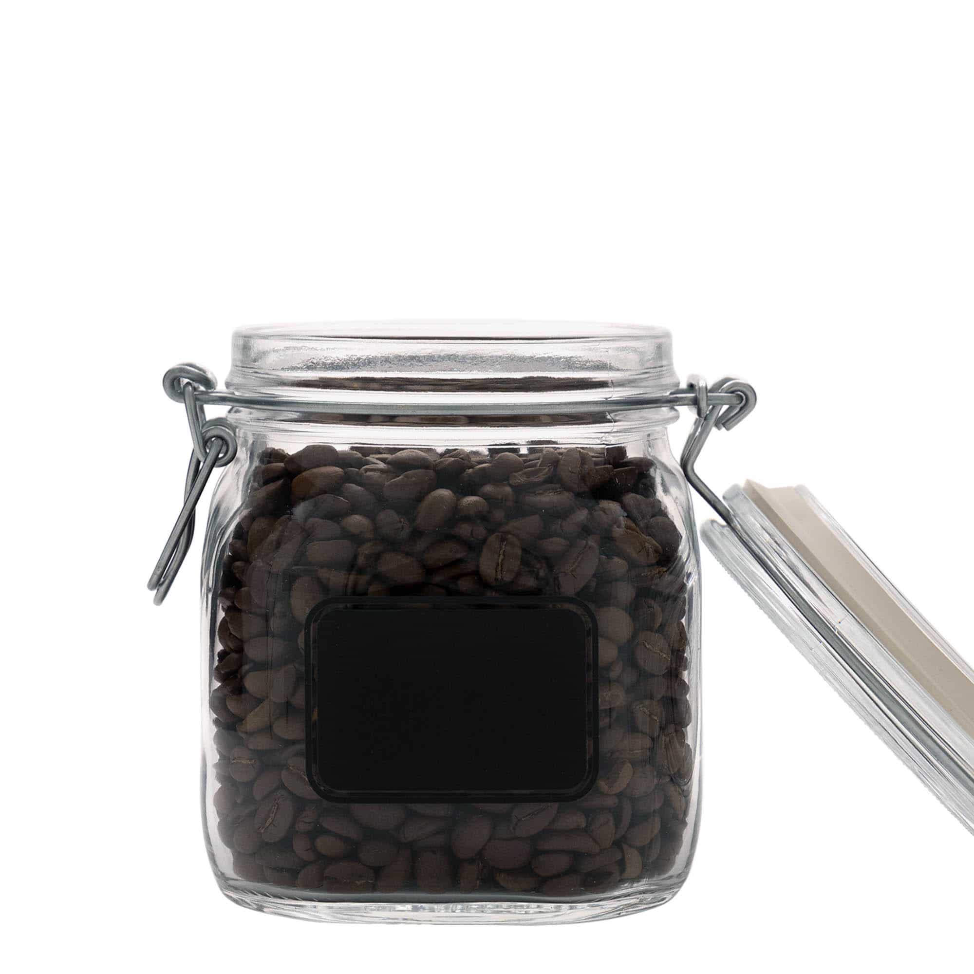 750 ml bøyleglass "Fido", motiv: Etikettfelt, kvadratisk, åpning: Bøylelokk