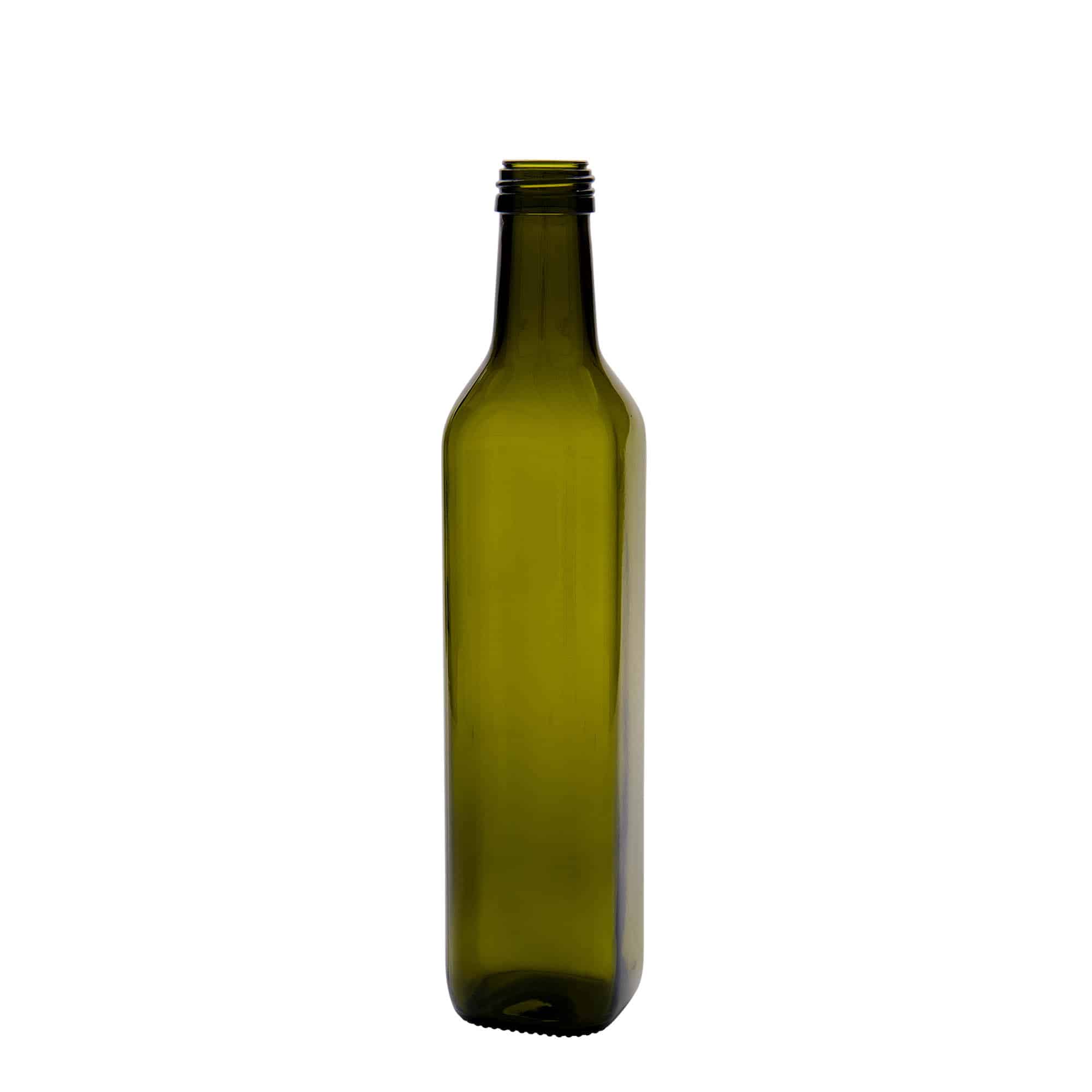500 ml glassflaske "Marasca", kvadratisk, antikkgrønn, åpning: PP 31,5