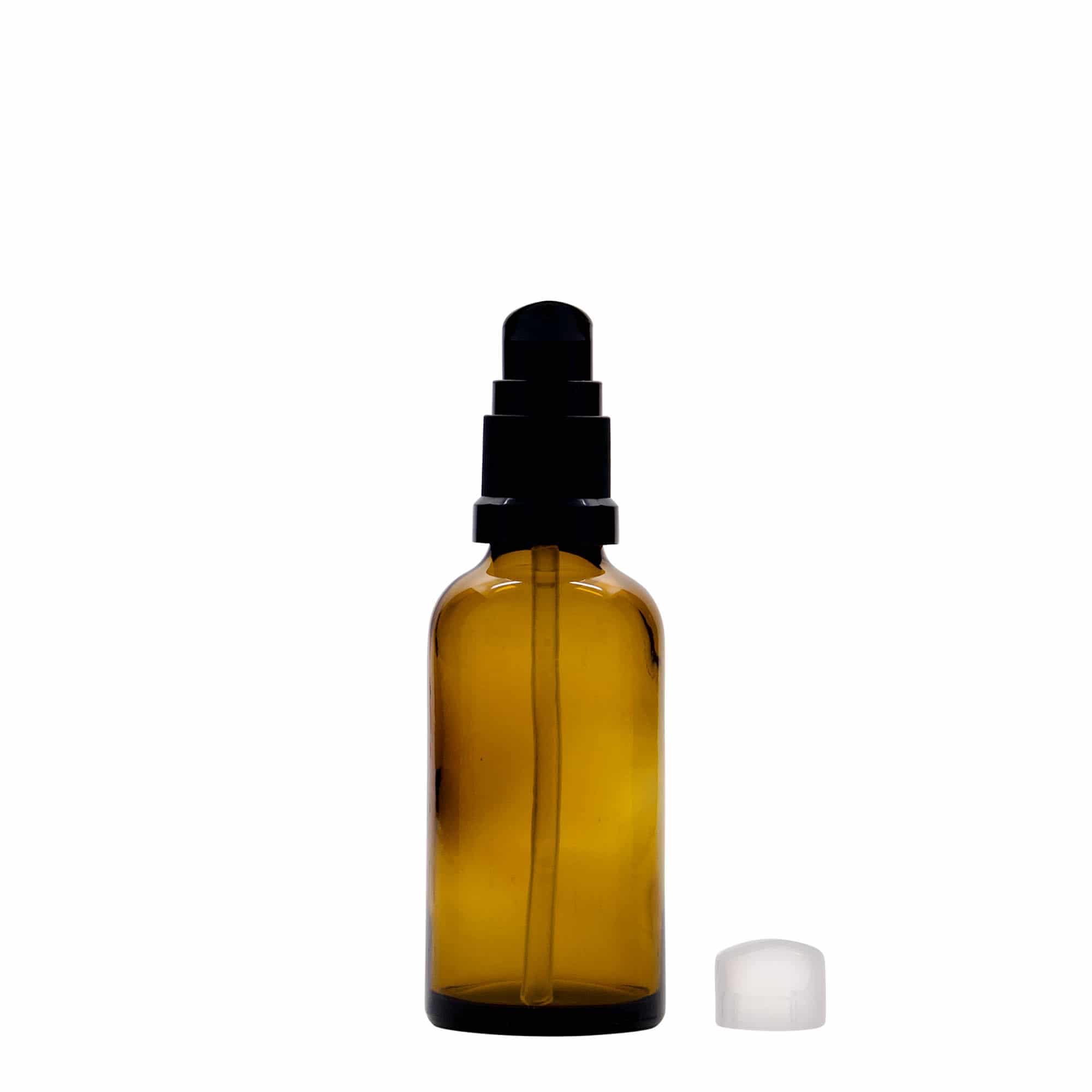 50 ml medisinsk flaske med lotionpumpe, glass, brun, åpning: DIN 18