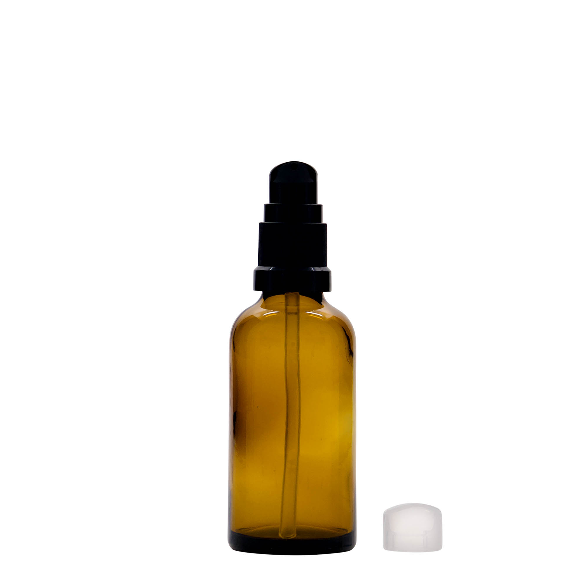 50 ml medisinsk flaske med lotionpumpe, glass, brun, åpning: DIN 18