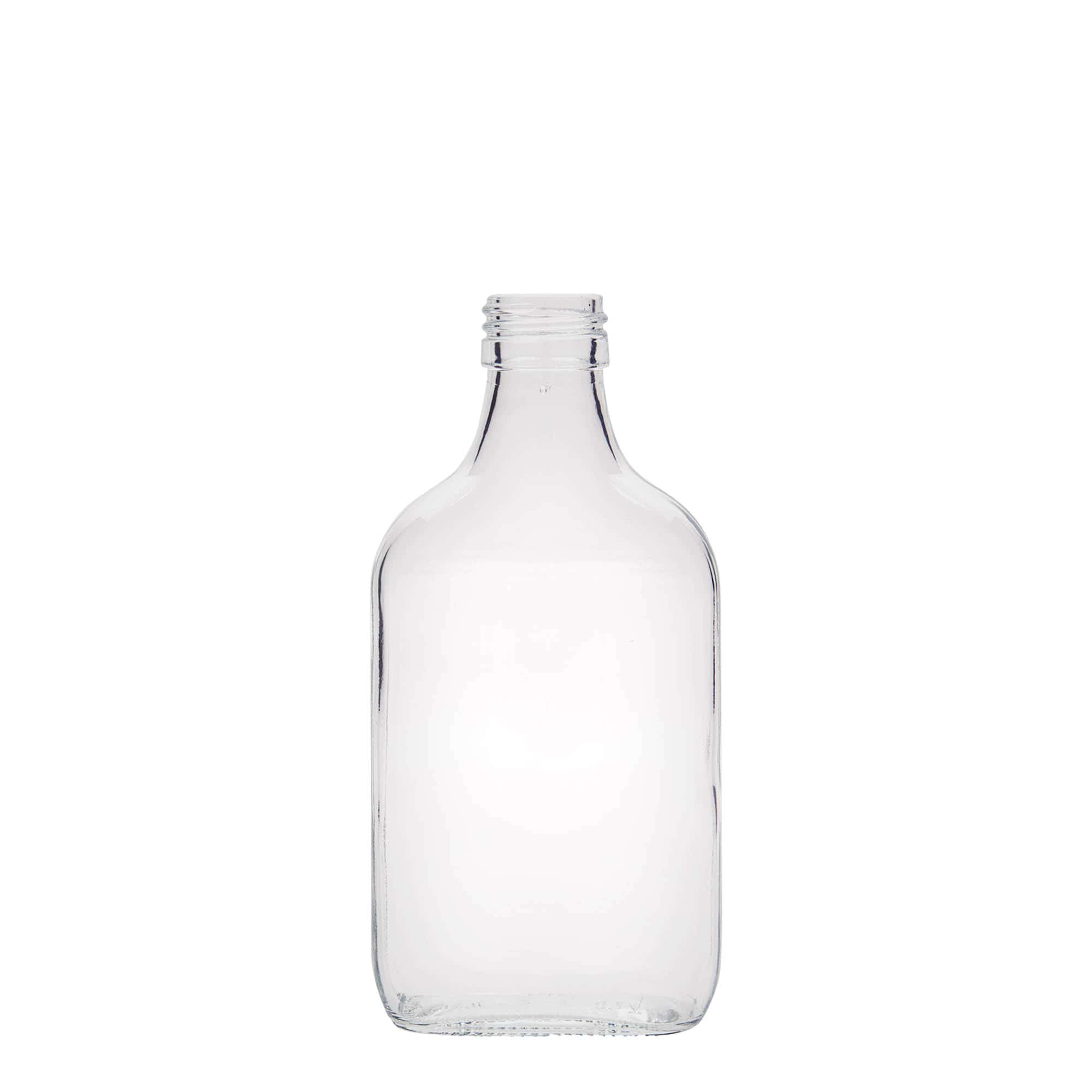 200 ml lommeflaske, rektangulær, glass, åpning: PP 28