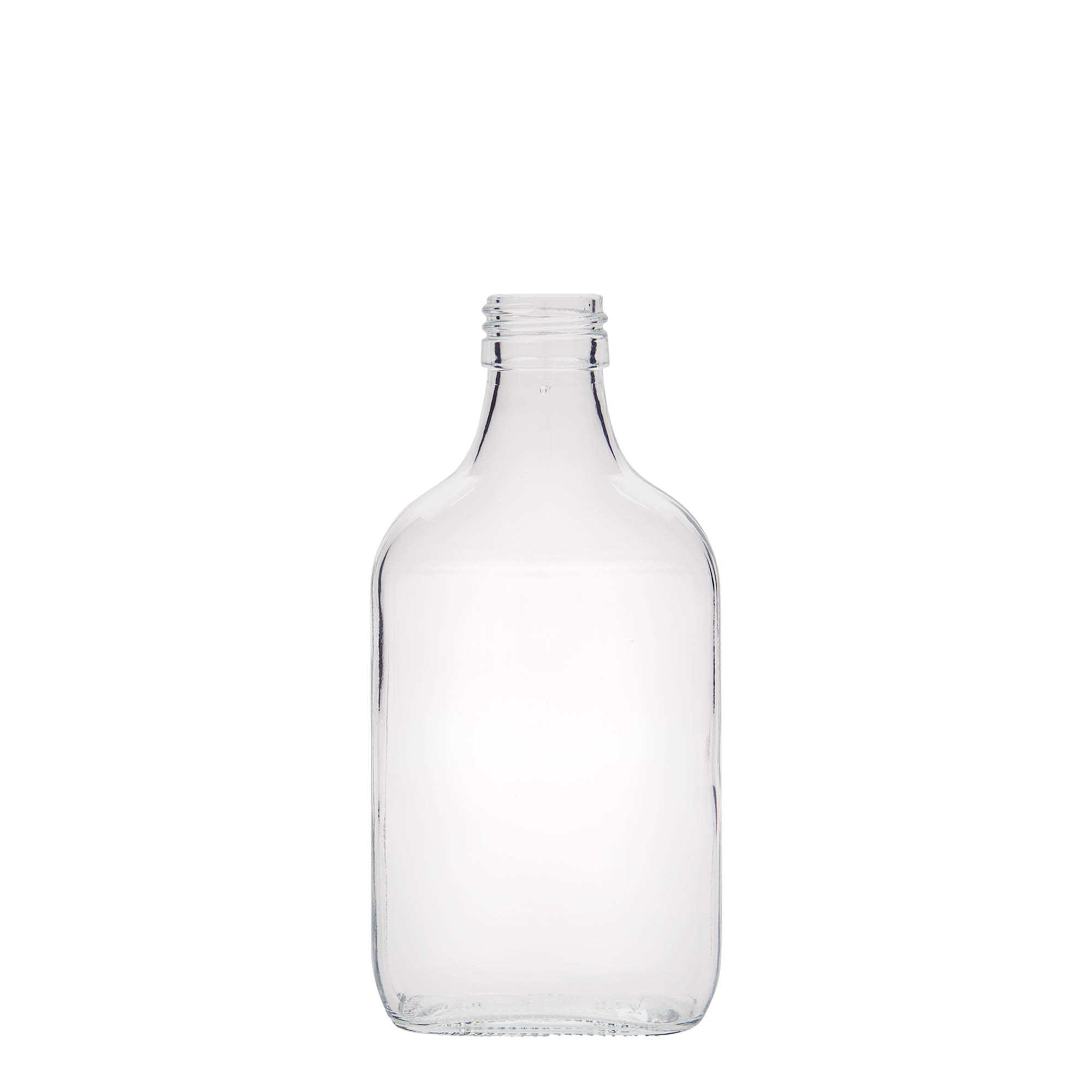 200 ml lommeflaske, rektangulær, glass, åpning: PP 28