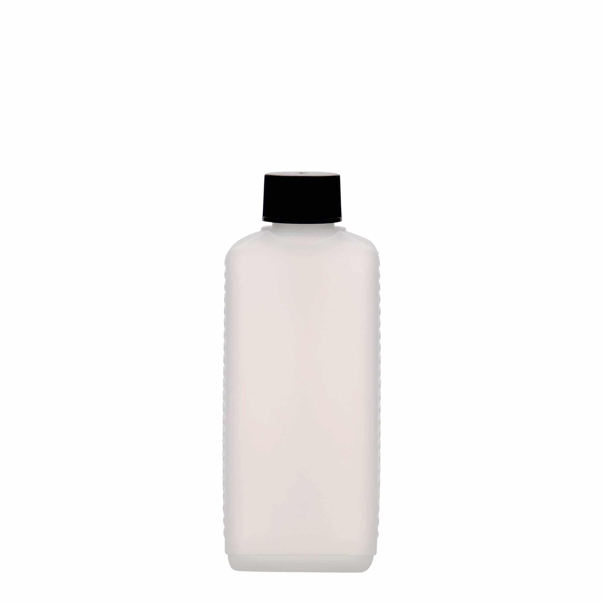 250 ml beholderflaske, firkantet, HDPE-plast, natur, åpning: DIN 25 EPE