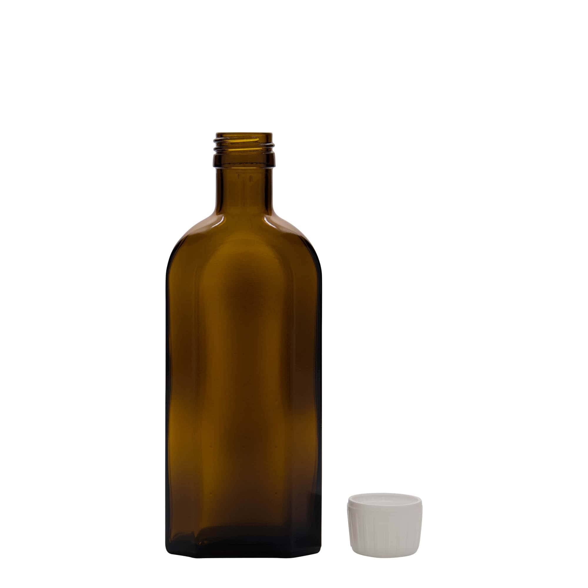 250 ml medisinsk flaske Meplat, oval, glass, brun, åpning: PP 28