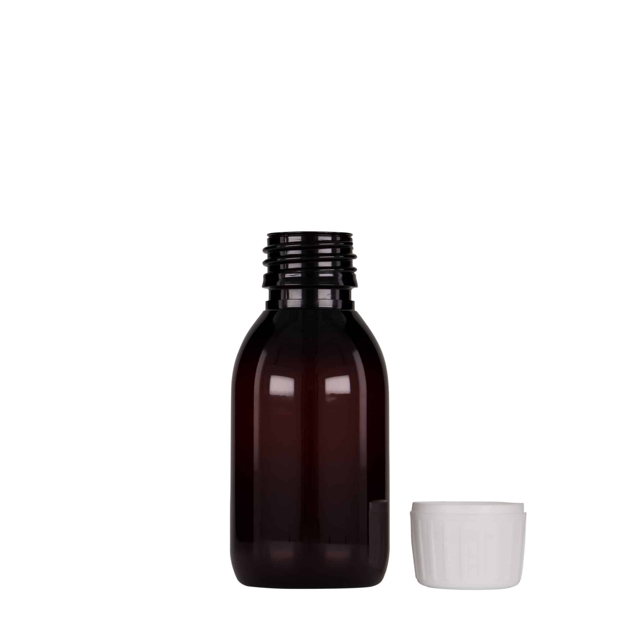 100 ml PET-medisinflaske, brun, plast, åpning: PP 28