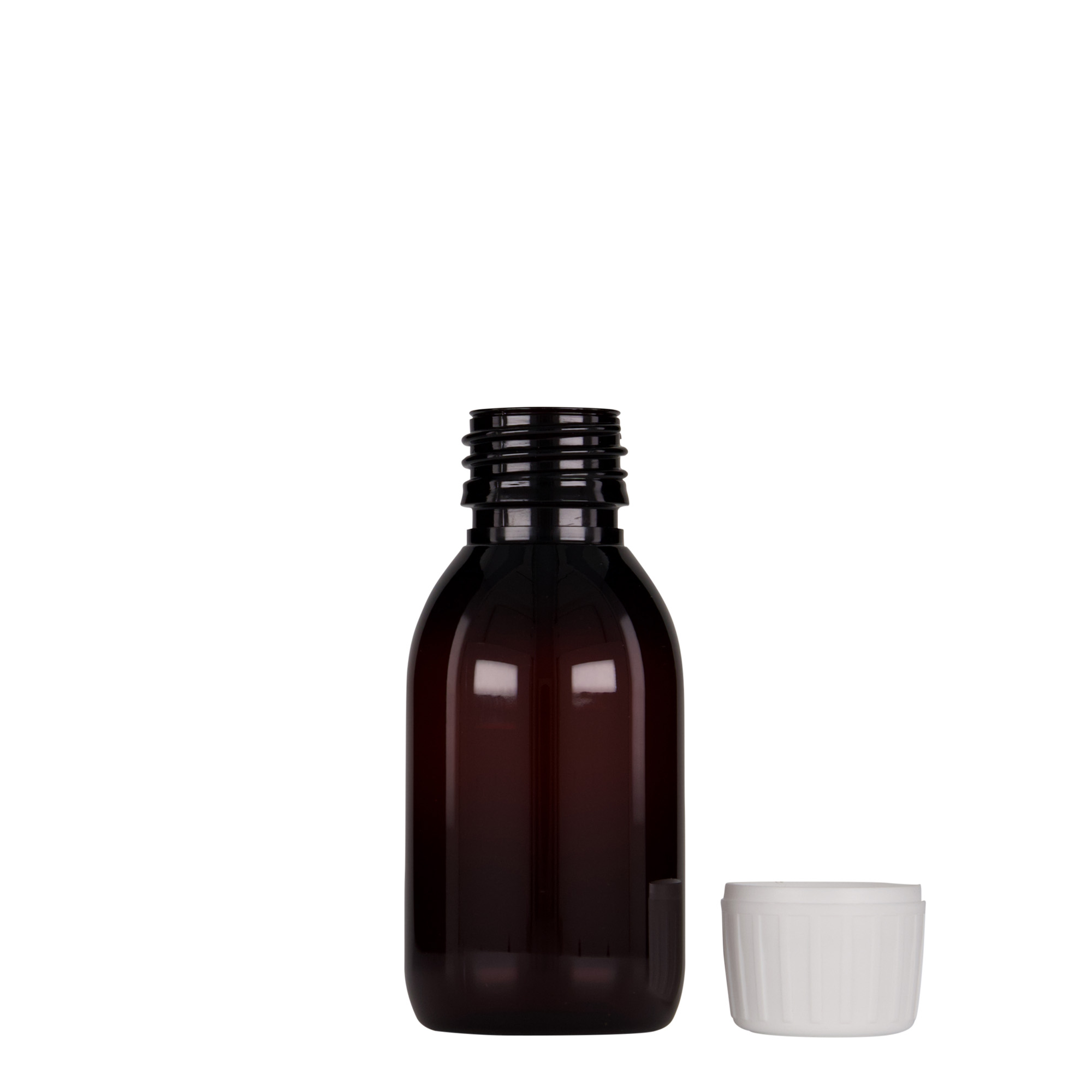 100 ml PET-medisinflaske, brun, plast, munnstykke: PP 28