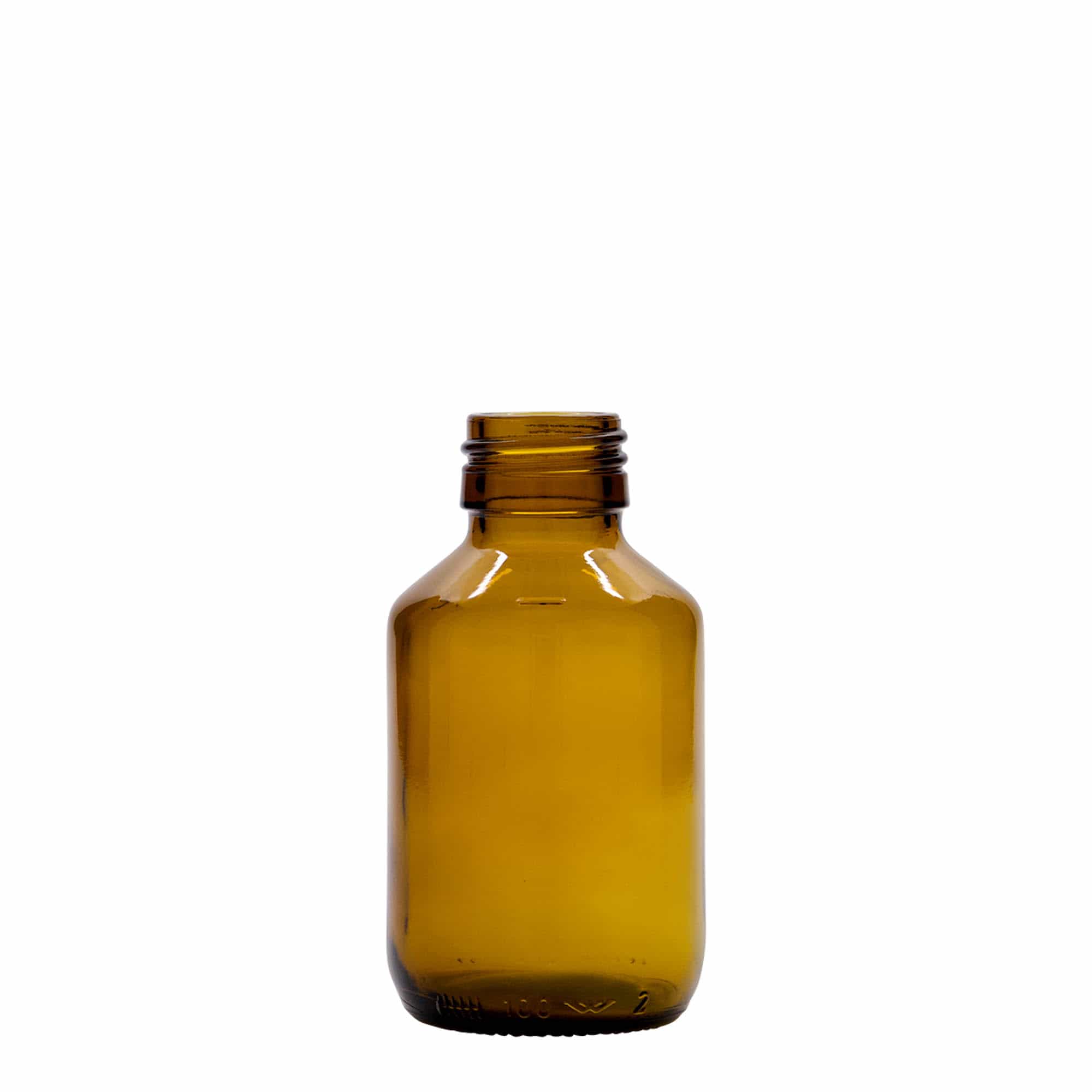 100 ml medisinsk flaske, brun, glass, åpning: PP 28