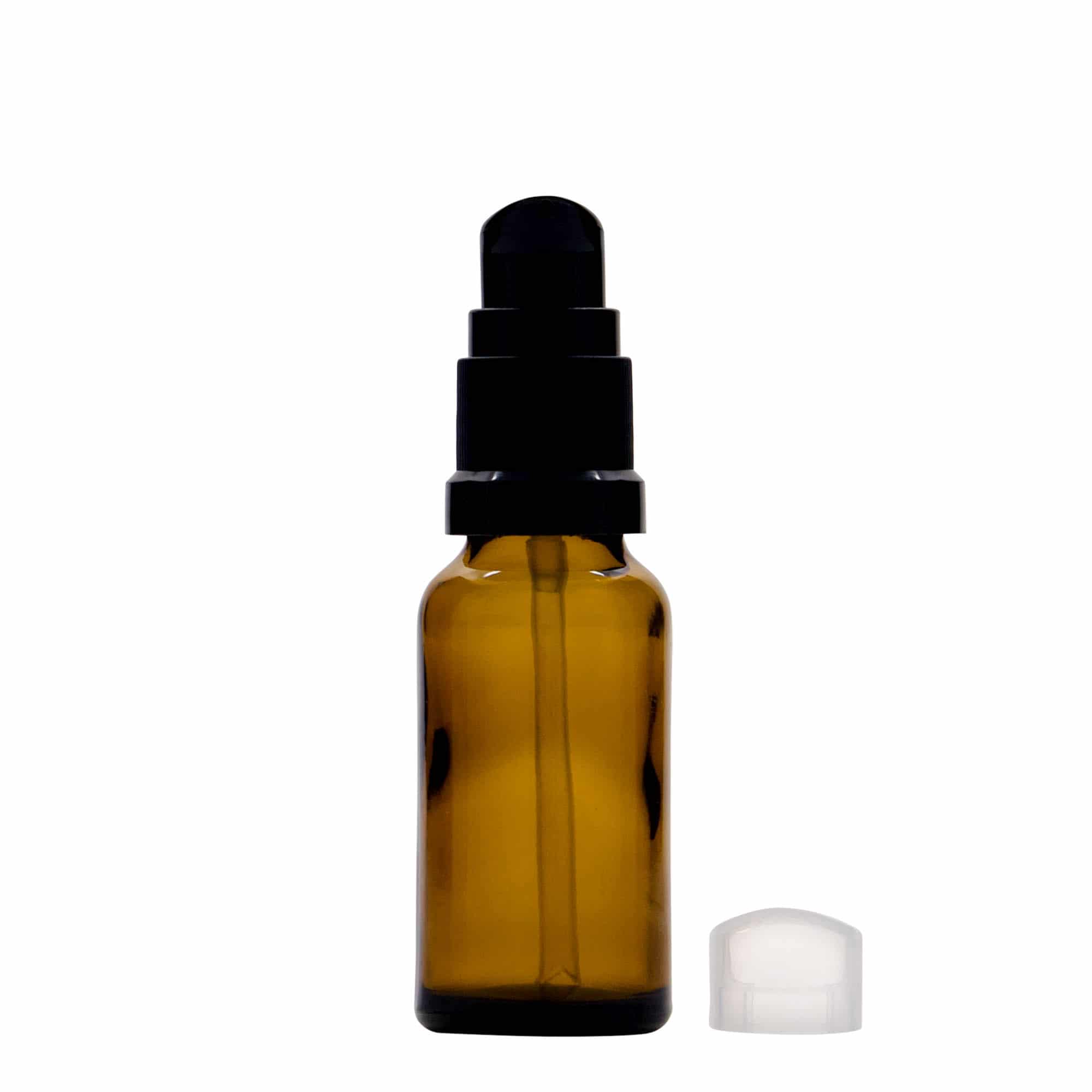 20 ml medisinflaske med lotionpumpe, glass, brun, åpning: DIN 18
