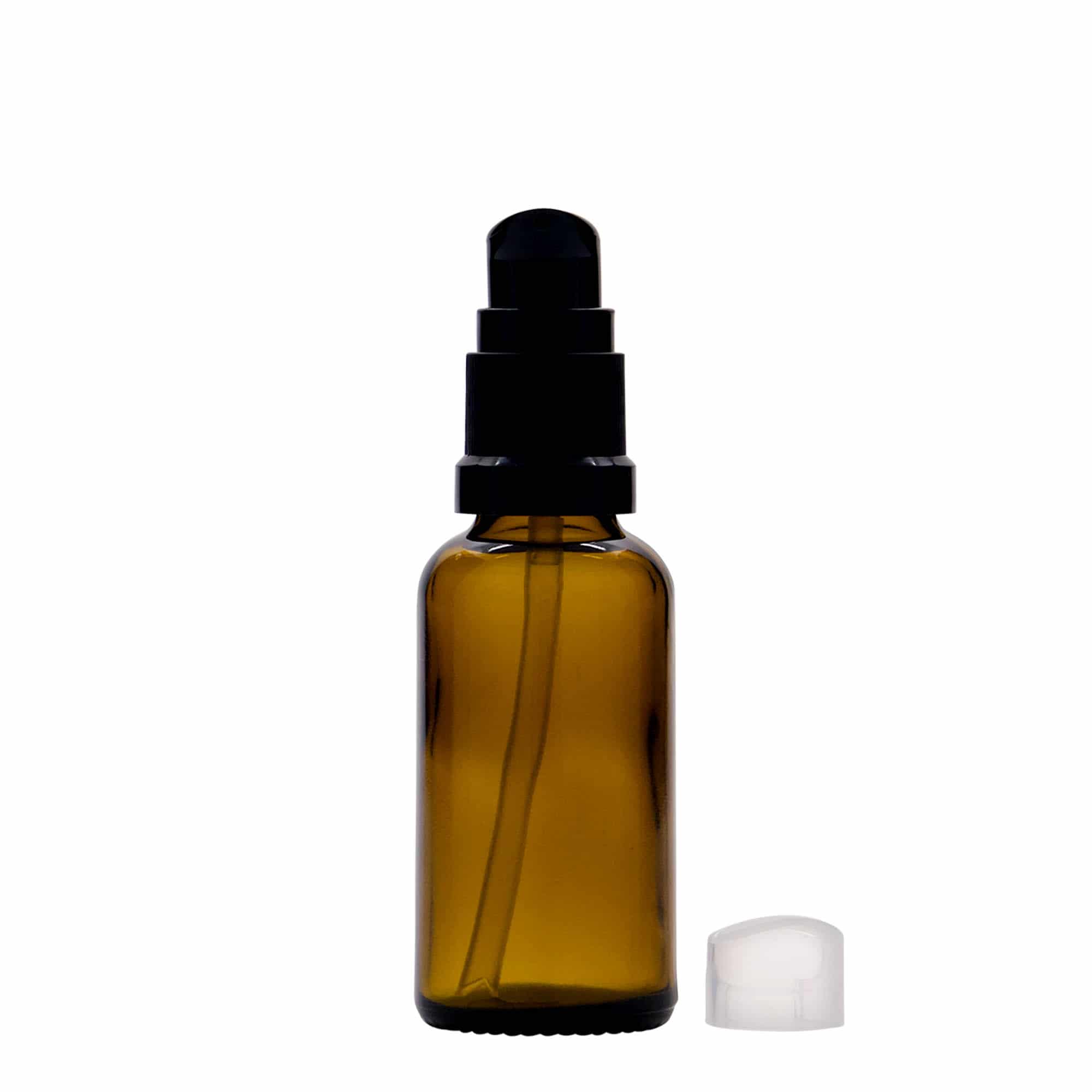 30 ml medisinflaske med lotionpumpe, glass, brun, åpning: DIN 18