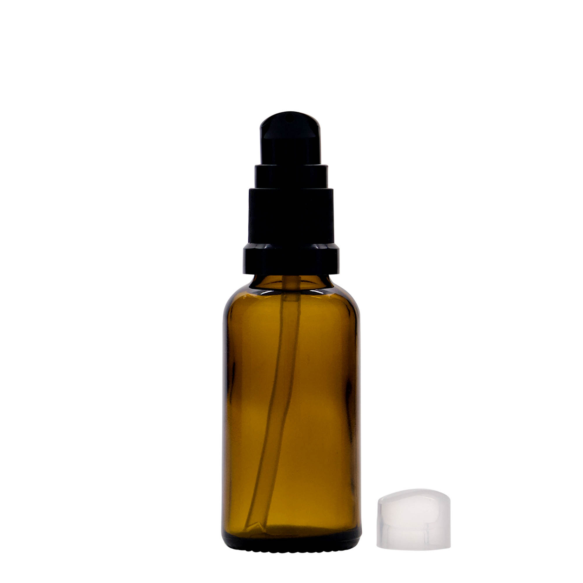 30 ml medisinsk flaske med lotionpumpe, glass, brun, åpning: DIN 18