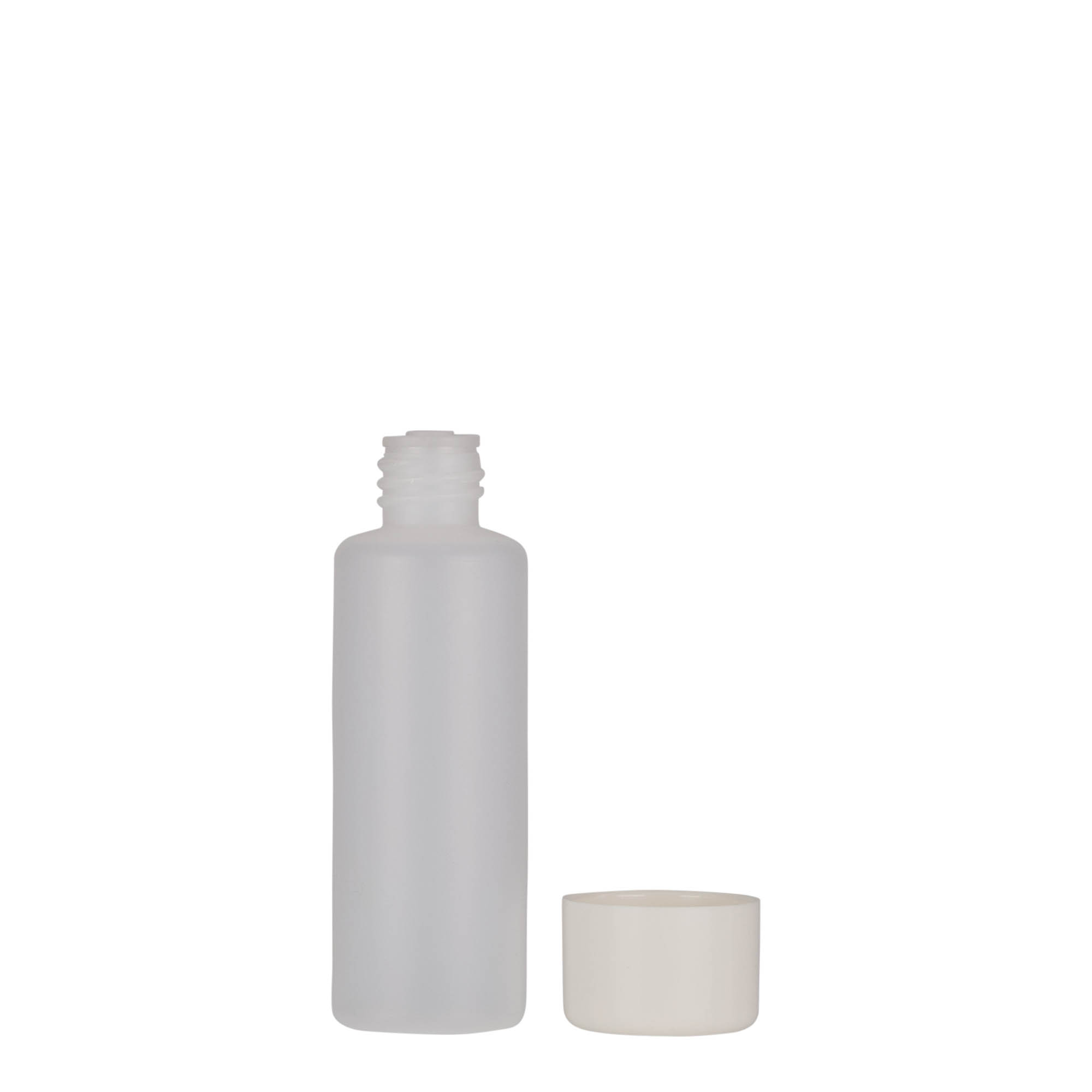 50 ml rund flaske, PE-plast, natur, åpning: skrukork