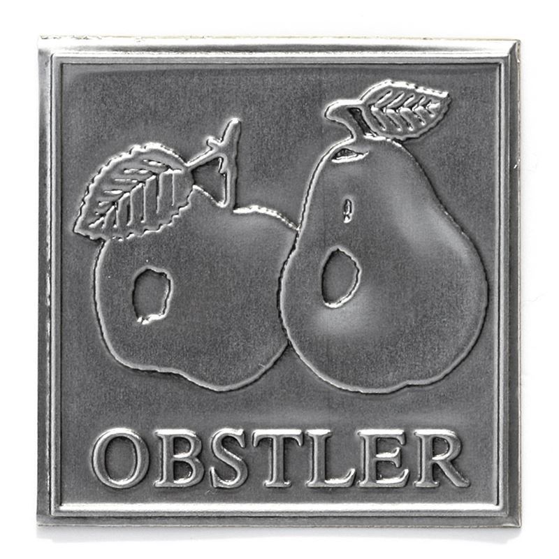 Tinnetikett 'Obstler', kvadratisk, metall, sølv