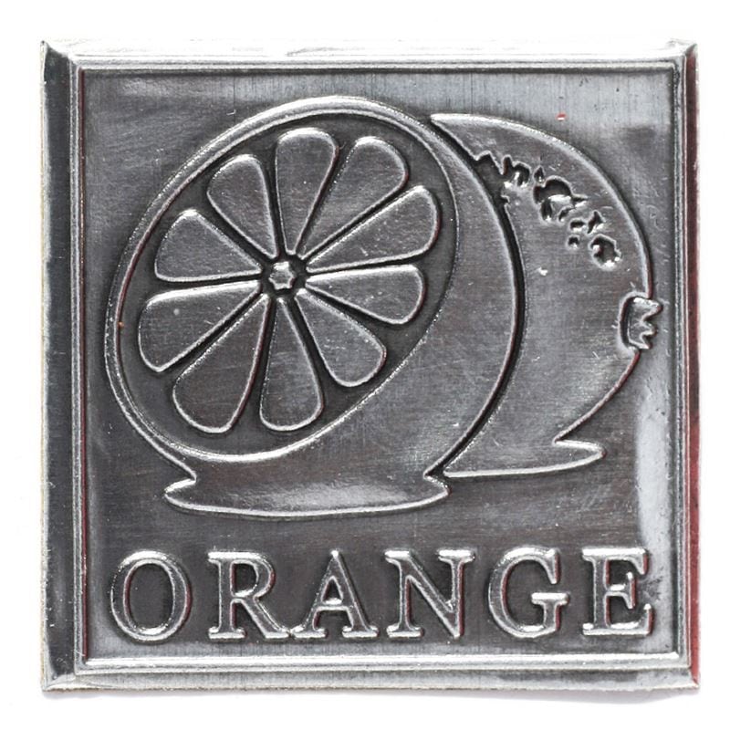Tinnetikett 'Orange', firkantet, metall, sølv
