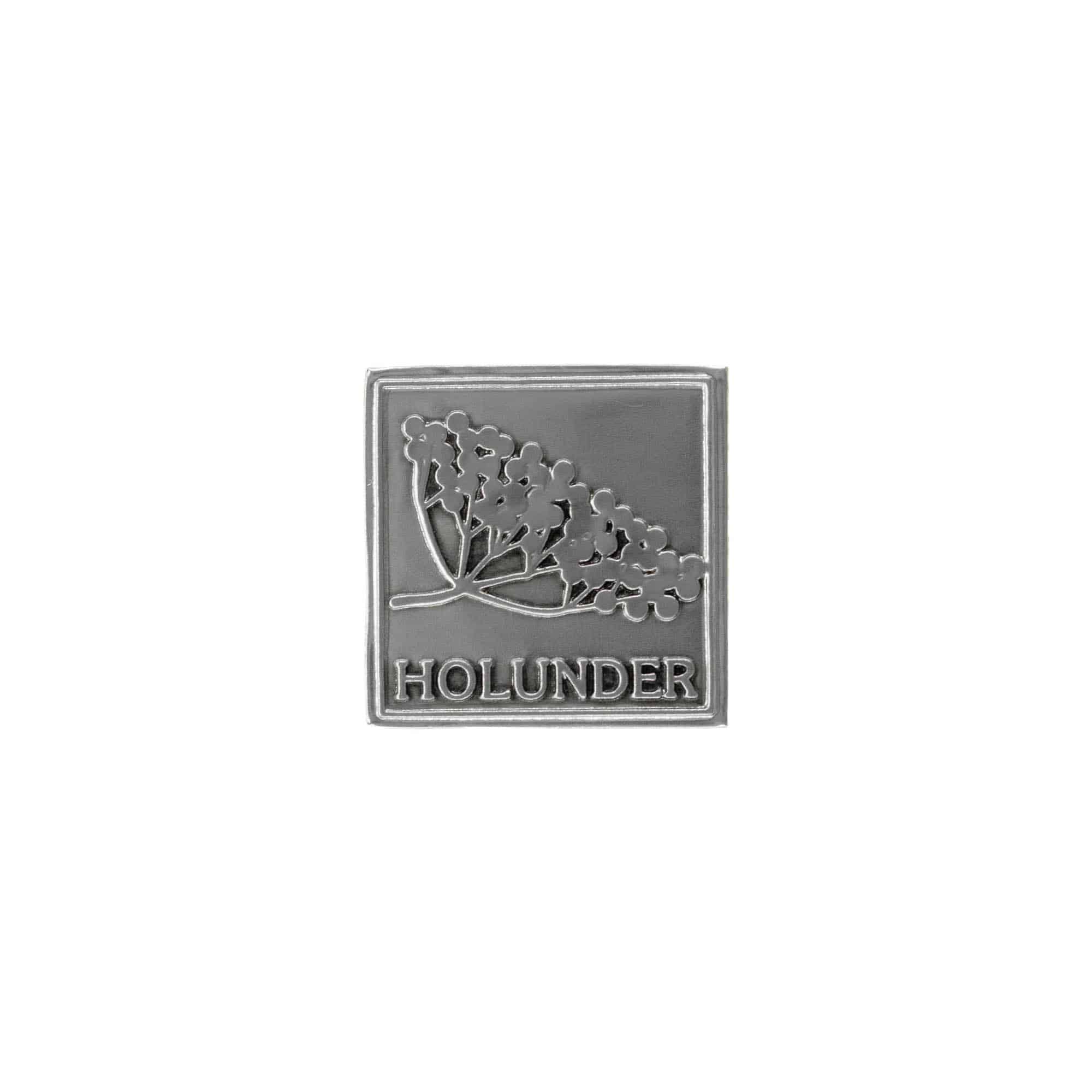 Tinnetikett 'Holunder', firkantet, metall, sølv