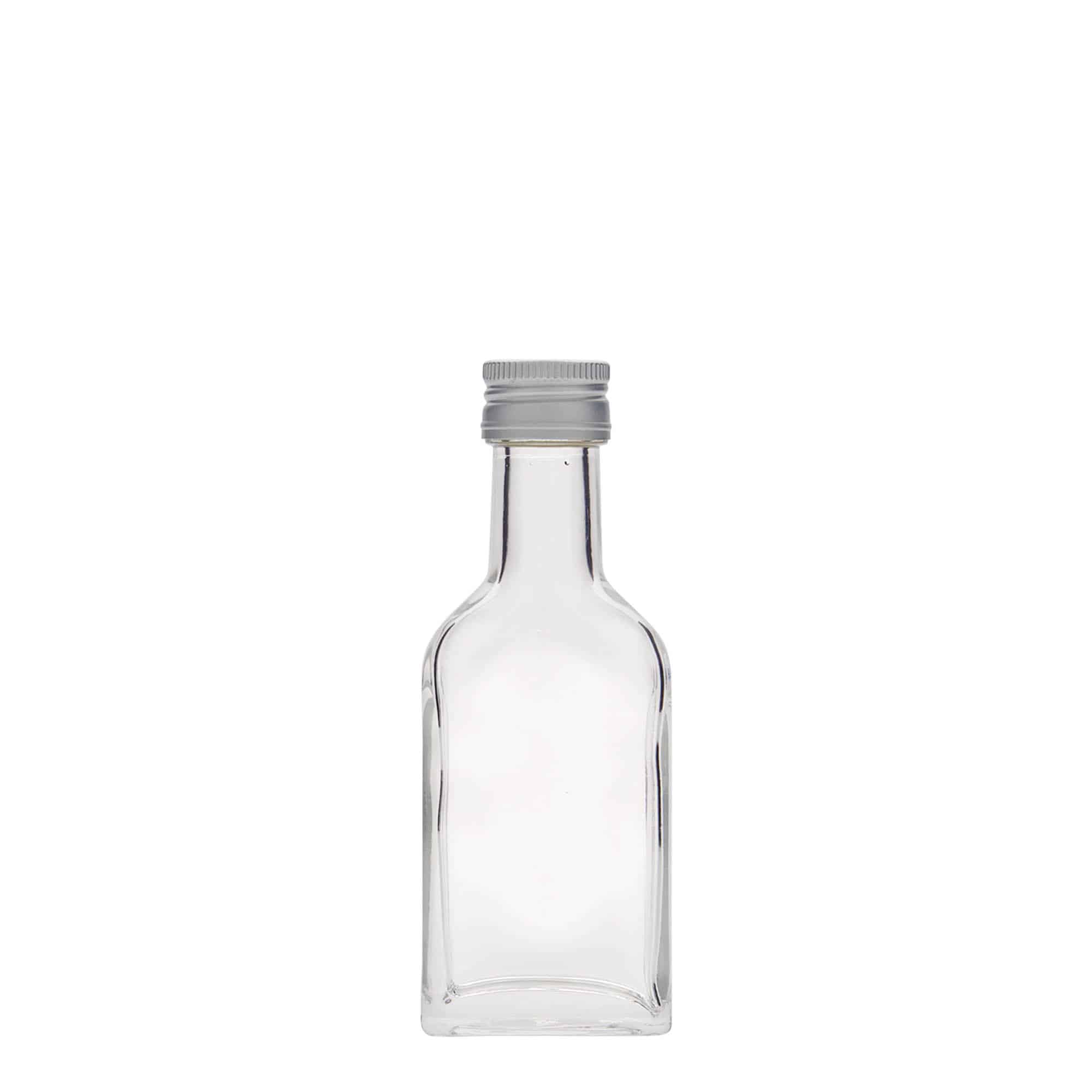 40 ml lommeflaske lang hals, firkantet, glass, åpning: PP 22