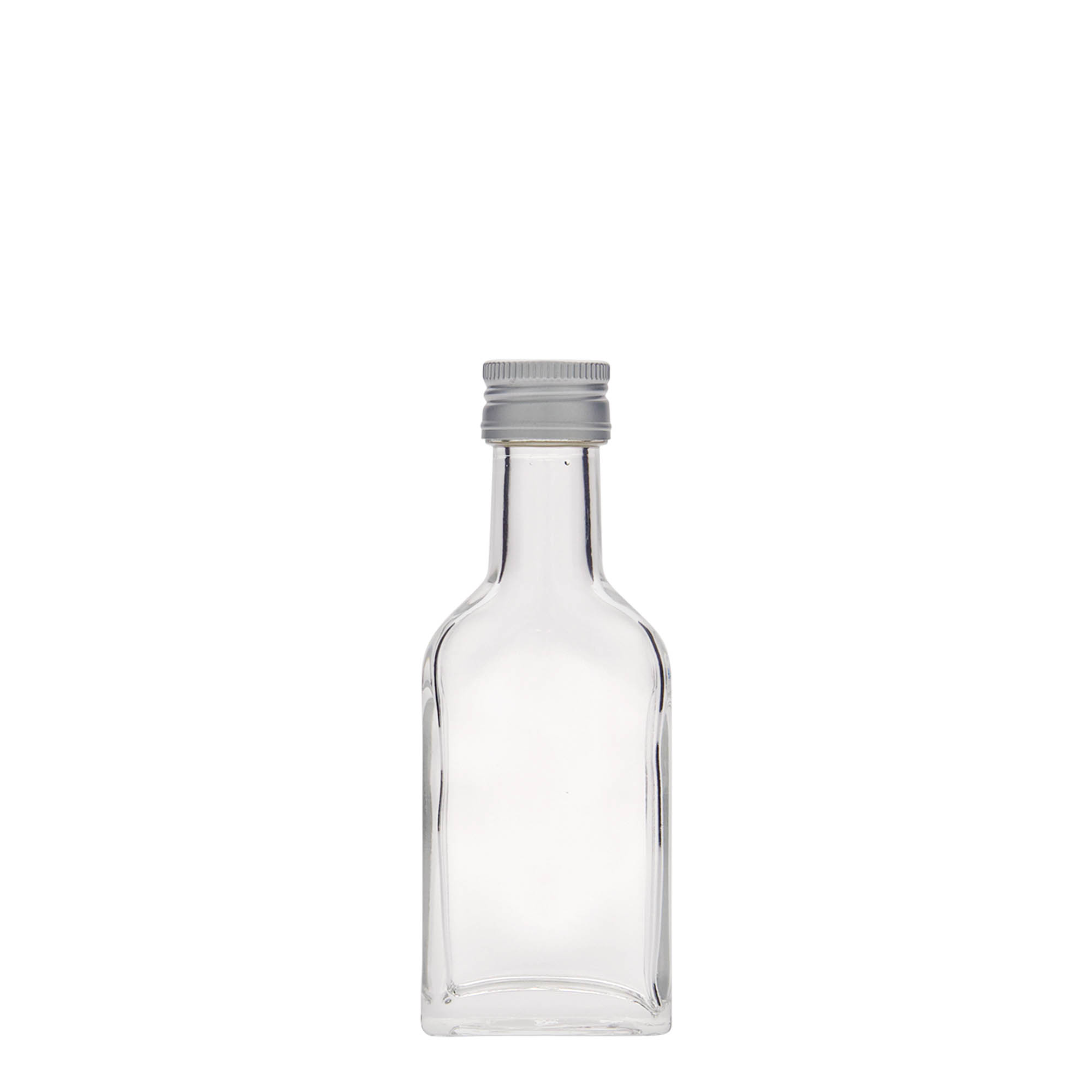 40 ml lommeflaske med lang hals, rektangulær, glass, åpning: PP 22
