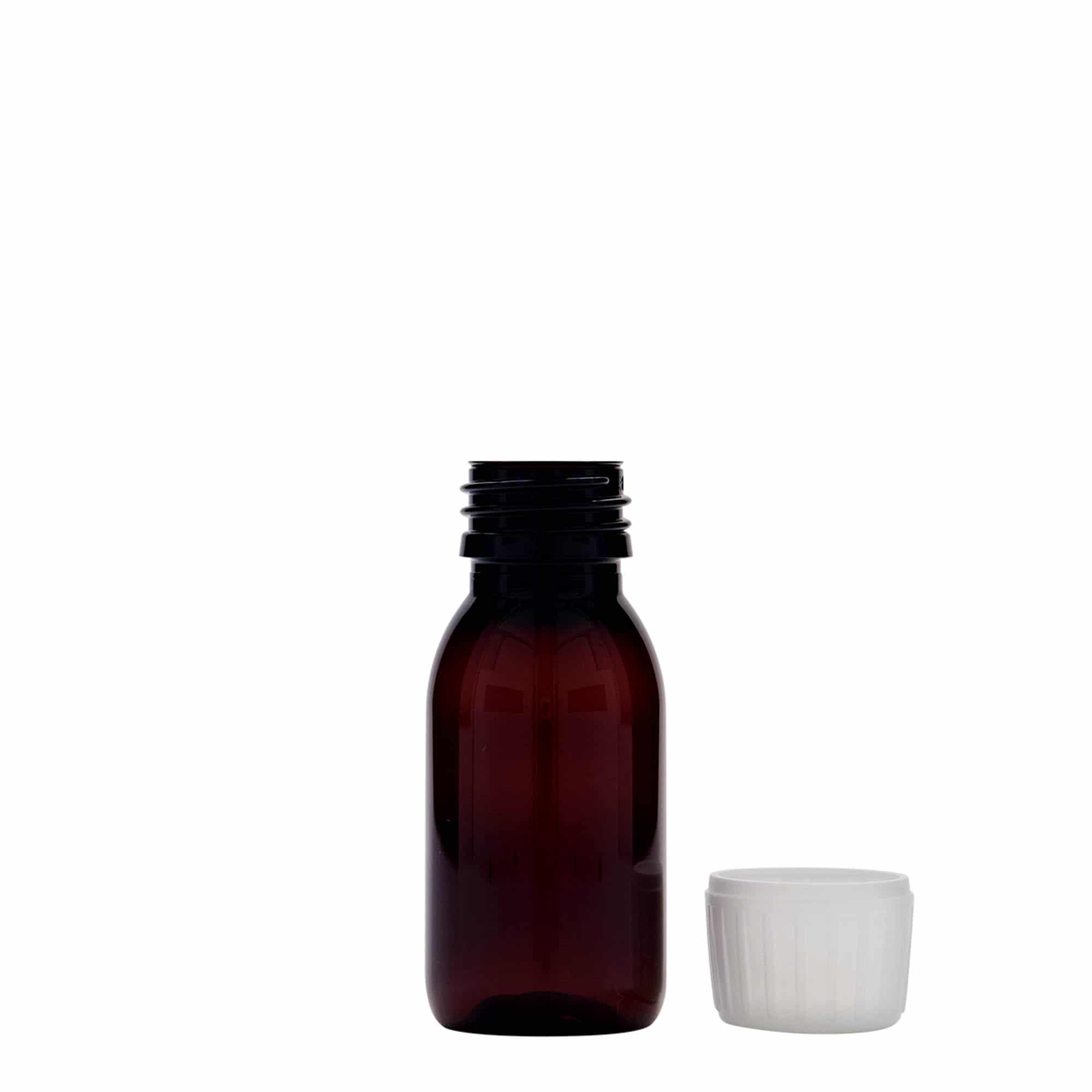 60 ml PET-medisinflaske, brun, plast, åpning: PP 28