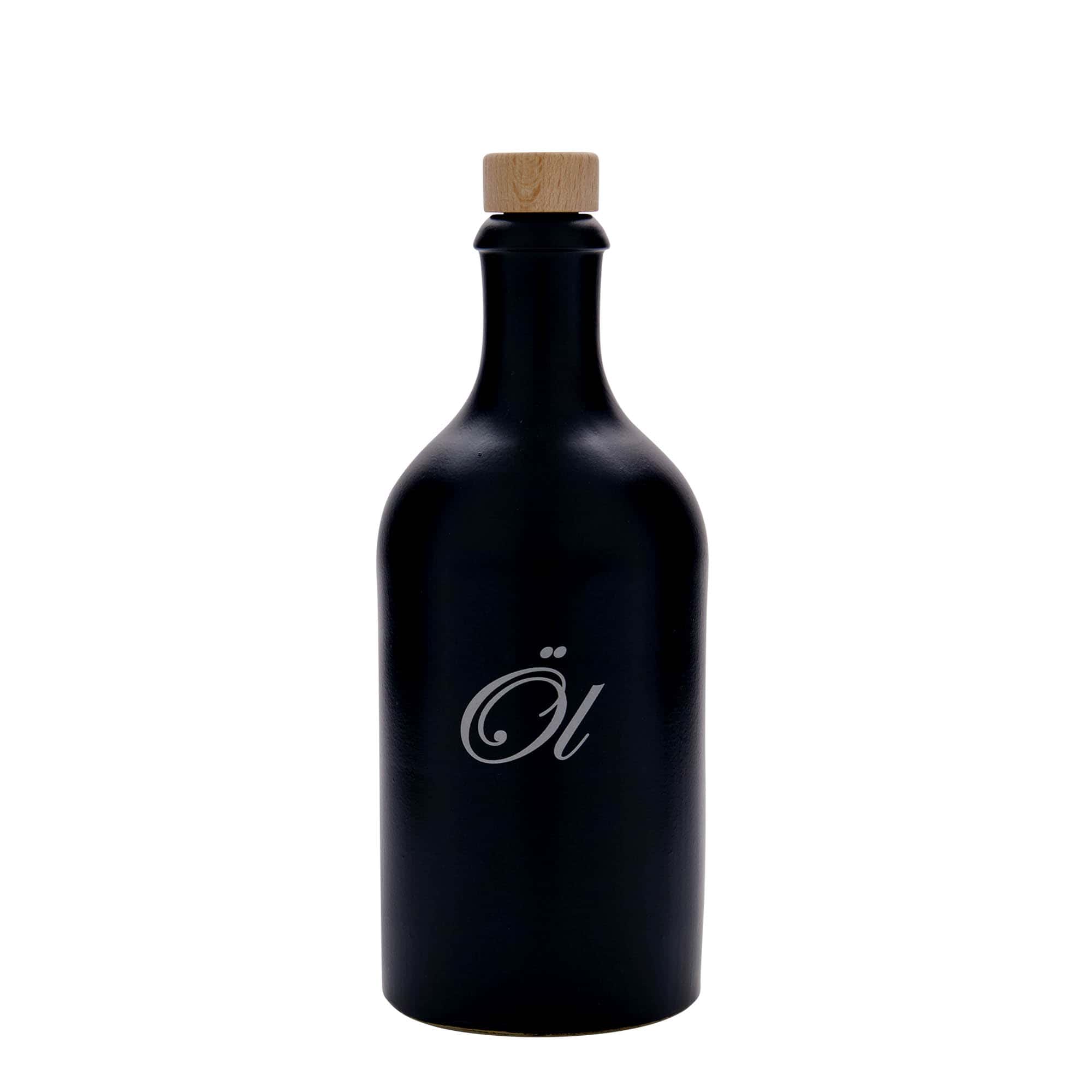 500 ml leirkrus, motiv: Olje, steintøy, svart, åpning: Kork
