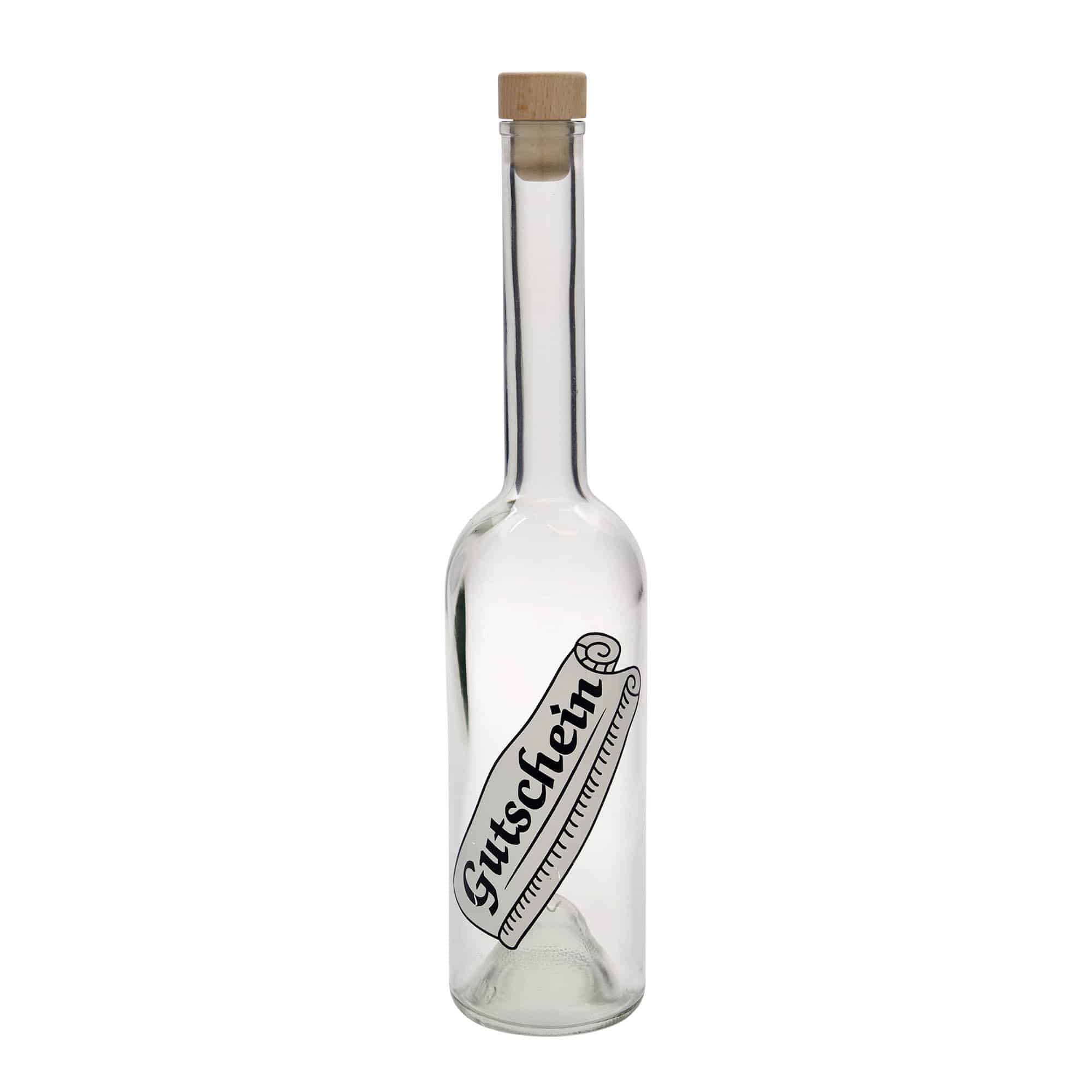 500 ml glassflaske 'Opera', motiv: gavekort, åpning: kork