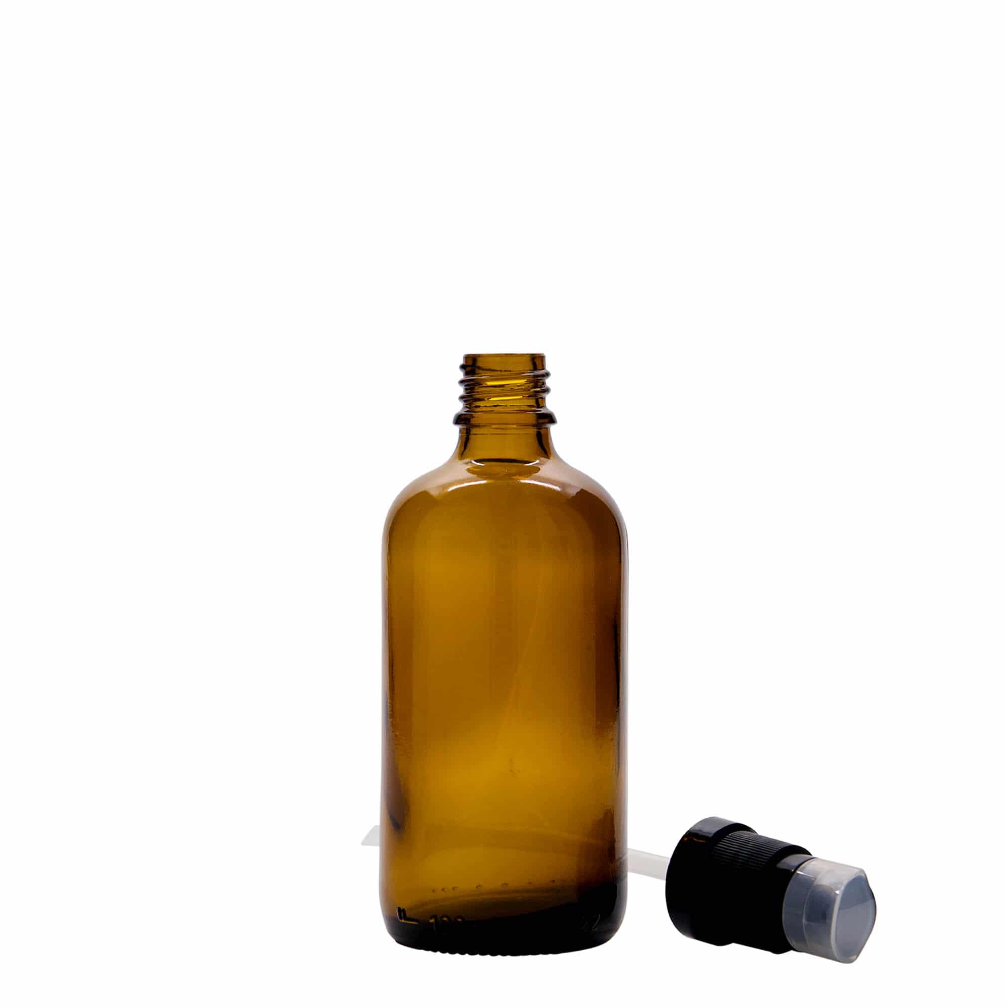 100 ml medisinflaske med lotionpumpe, glass, brun, åpning: DIN 18