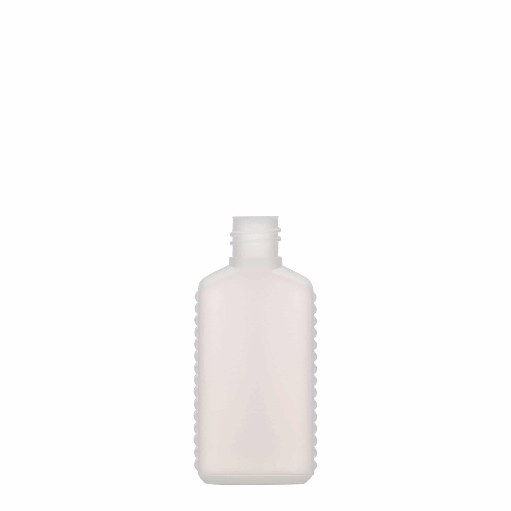 50 ml beholderflaske smal hals, firkantet, HDPE-plast, natur, åpning: DIN 18 50 ml beholderflaske smal hals, firkantet, HDPE-plast, natur, åpning: DIN 18