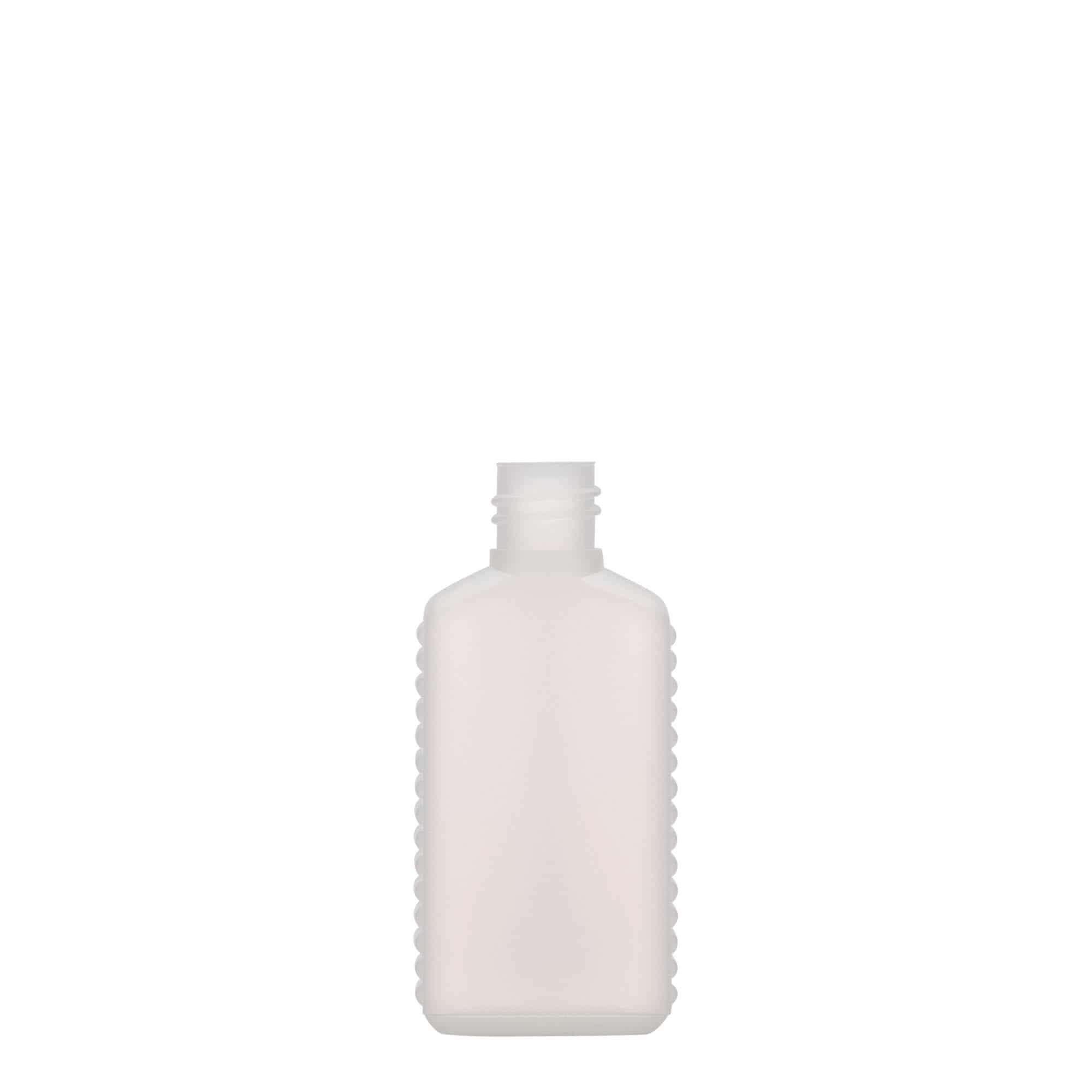 50 ml kanisterflaske med smal hals, rektangulær, HDPE-plast, naturfarget, åpning: DIN 18 50 ml kanisterflaske med smal hals, rektangulær, HDPE-plast, naturfarget, åpning: DIN 18