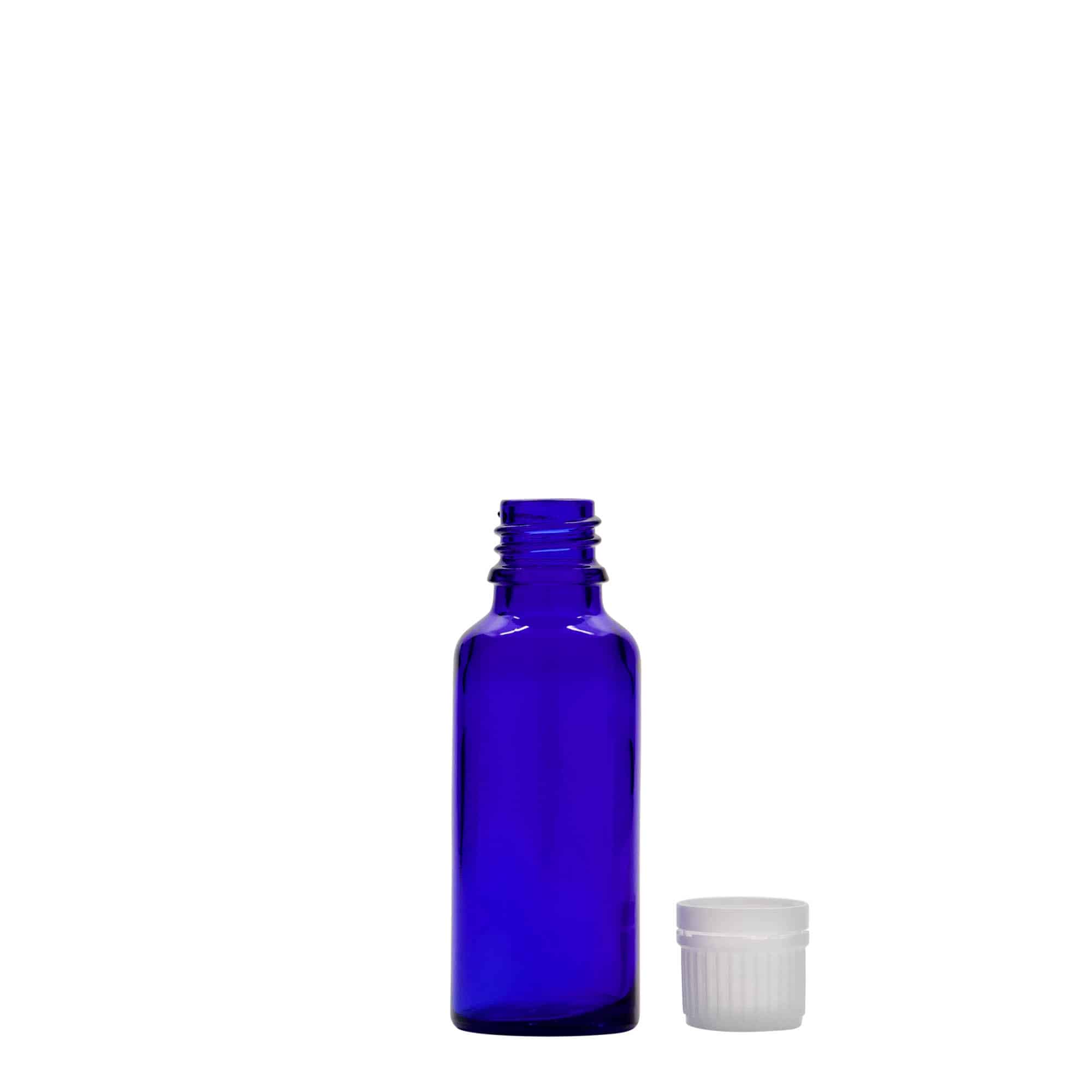 30 ml medisinflaske, glass, kongeblå, åpning: DIN 18