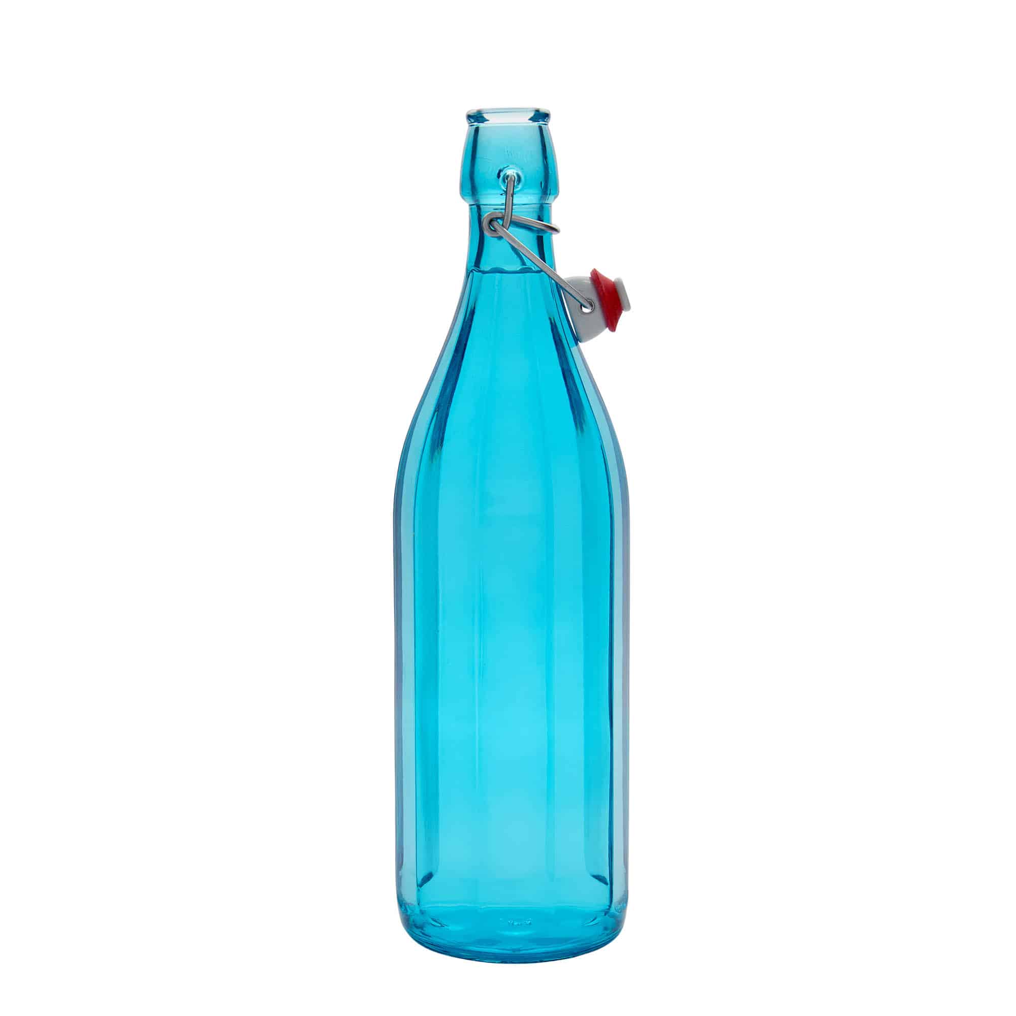 1000 ml glassflaske "Oxford", tikantet, asurblå, åpning: Bøylelokk