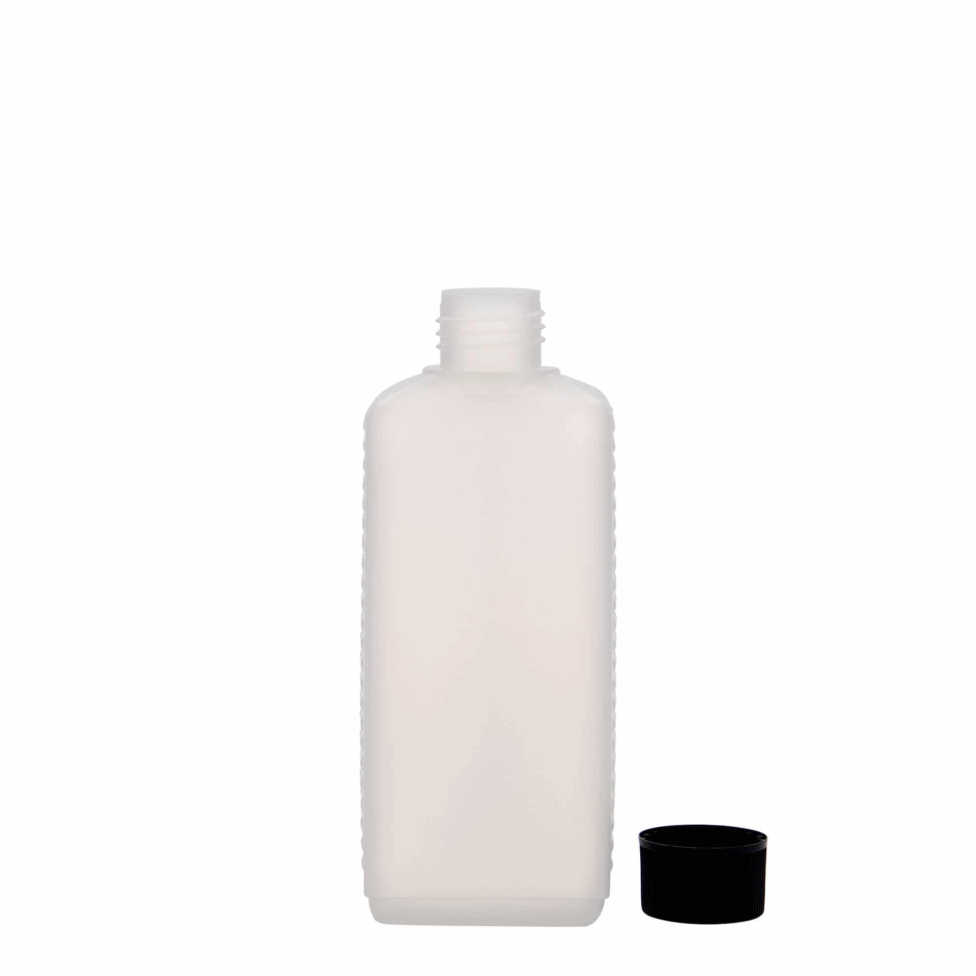 250 ml beholderflaske, firkantet, HDPE-plast, natur, åpning: DIN 25 EPE