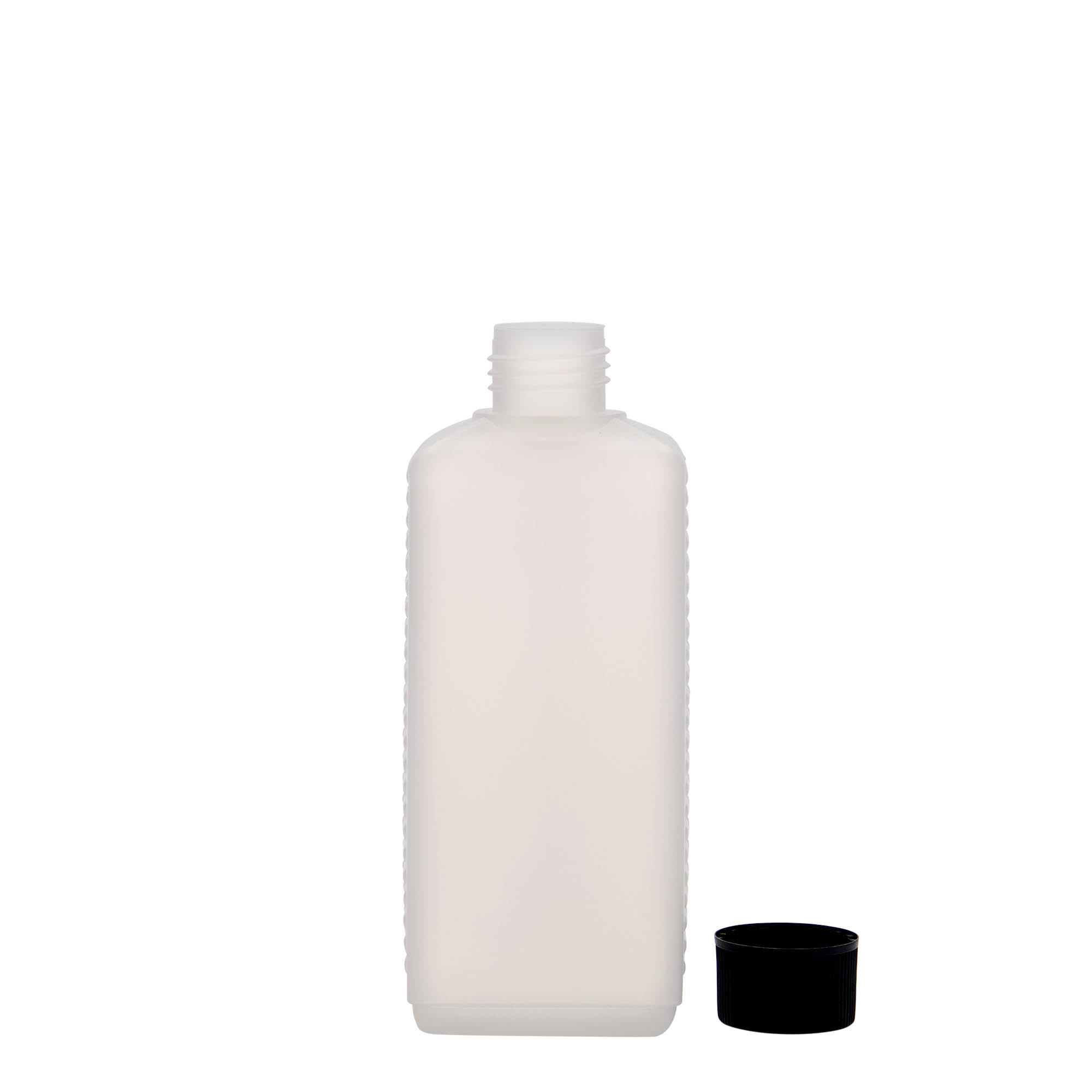 250 ml kanisterflaske, rektangulær, HDPE-plast, natur, åpning: DIN 25 EPE