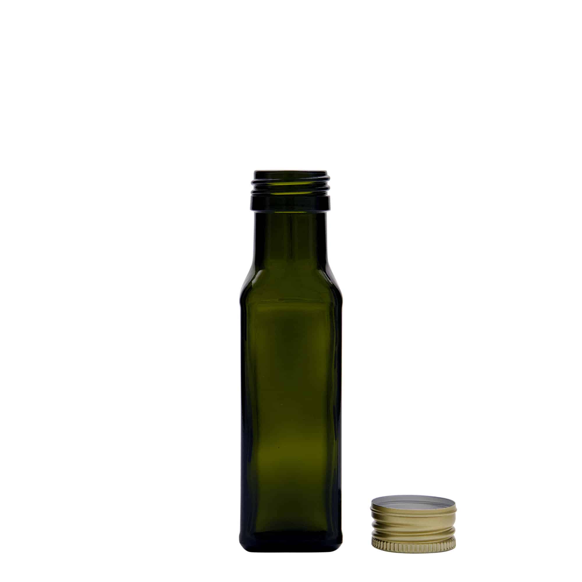 100 ml glassflaske 'Marasca', firkantet, antikkgrønn, åpning: PP 31,5