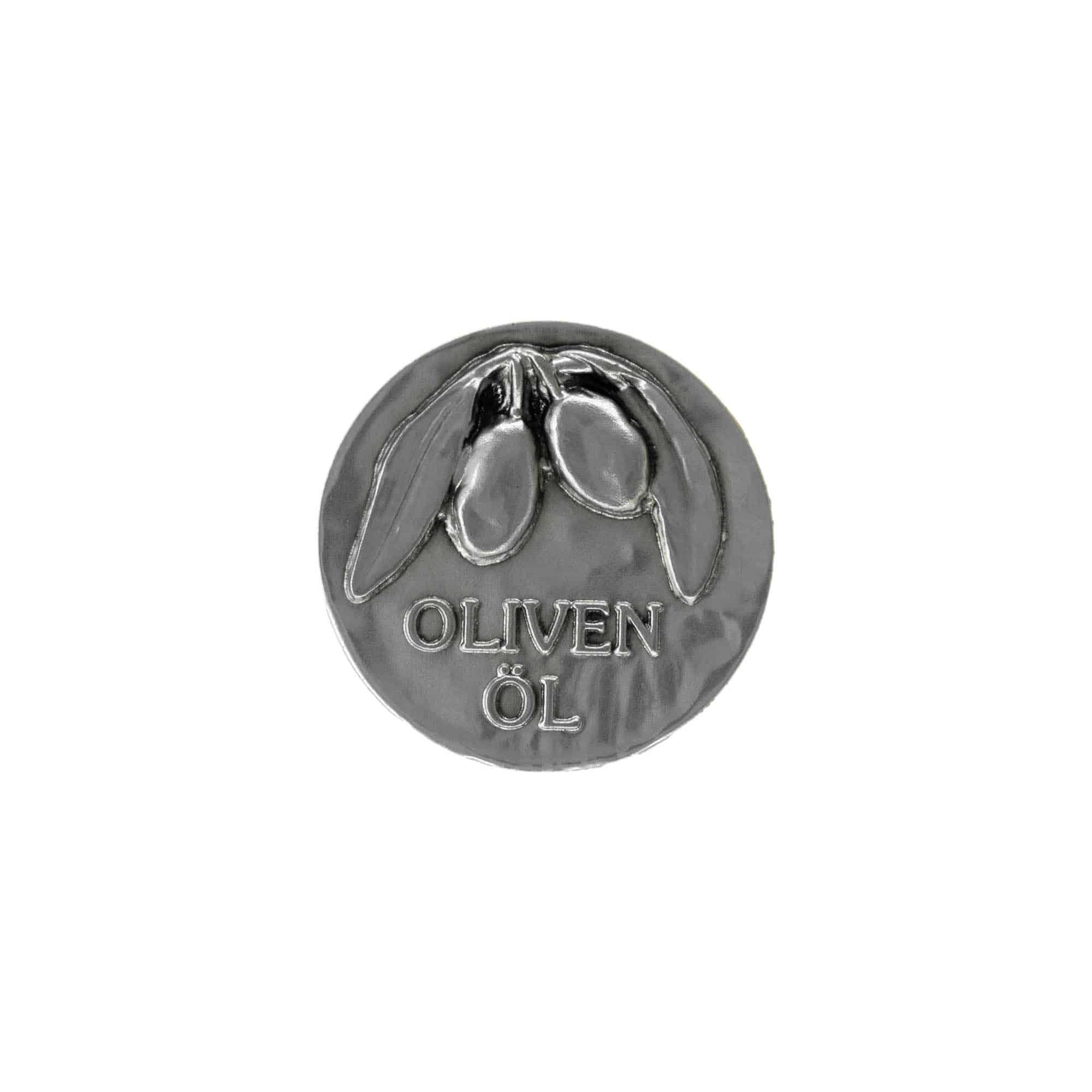 Tinnetikett "Olivenolje", metall, sølv Tinnetikett "Olivenolje", metall, sølv